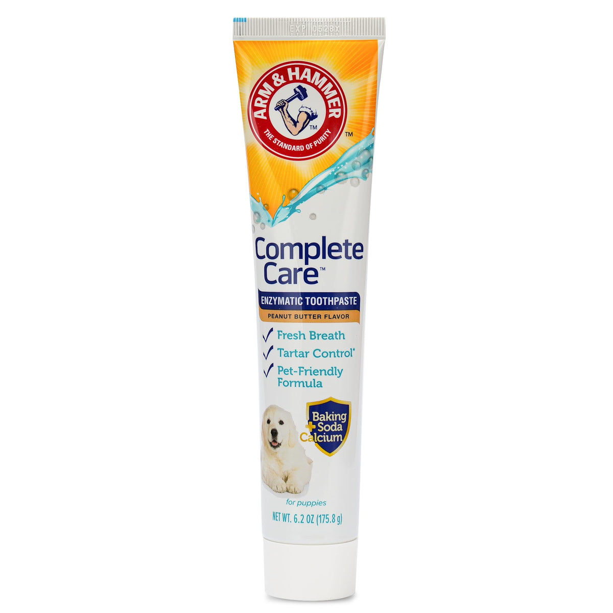 Arm & Hammer Complete Care puppy toothpaste PB flavor ready for easy brushing and fresher breath.