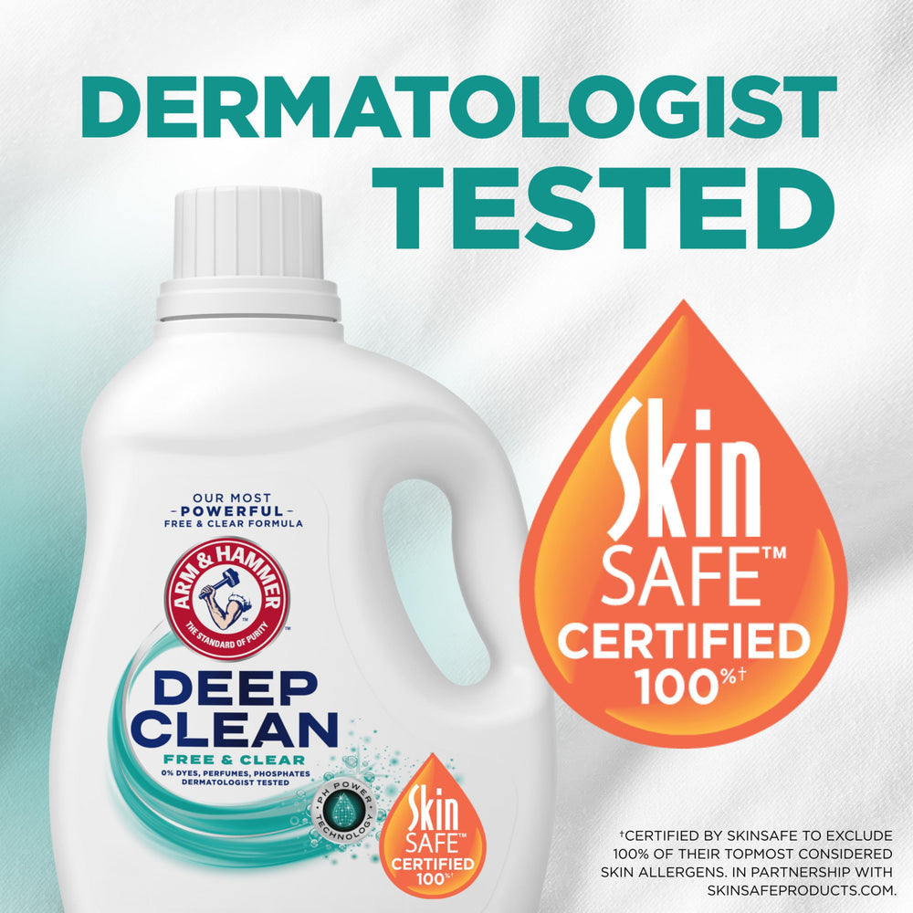 Arm & Hammer Deep Clean Free & Clear liquid penetrates fibers to fight stubborn stains.