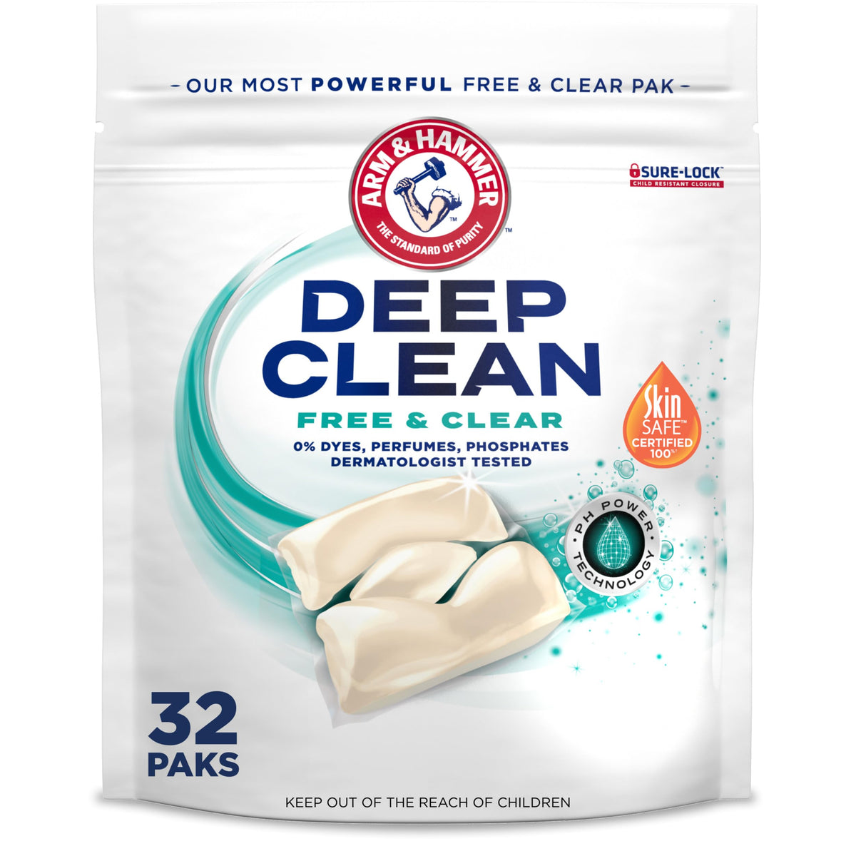 Arm & Hammer Deep Clean Free & Clear Power Paks packaging in a resealable bag for easy storage