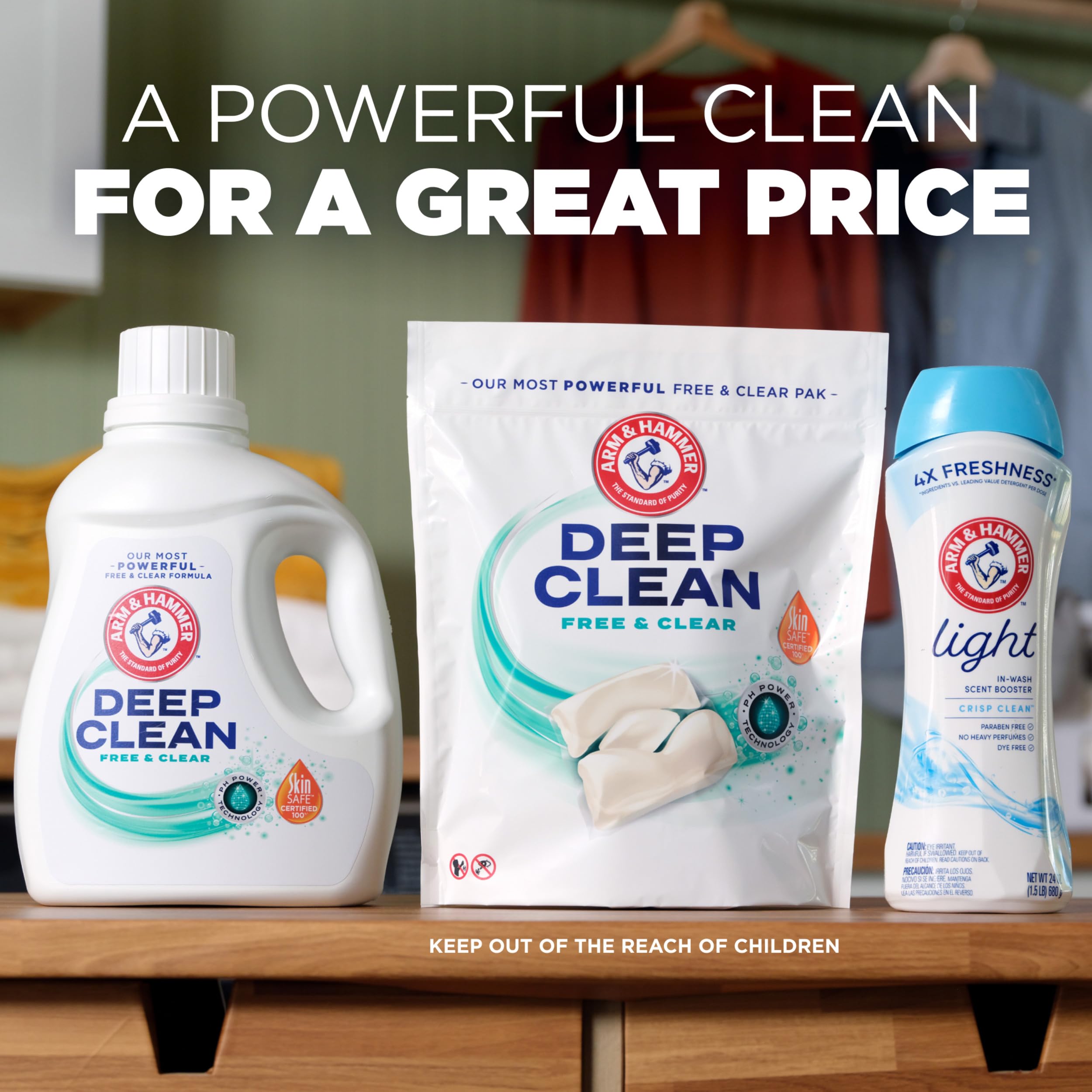 Arm & Hammer Deep Clean Free & Clear SkinSAFE label indicates allergen-conscious formulation.