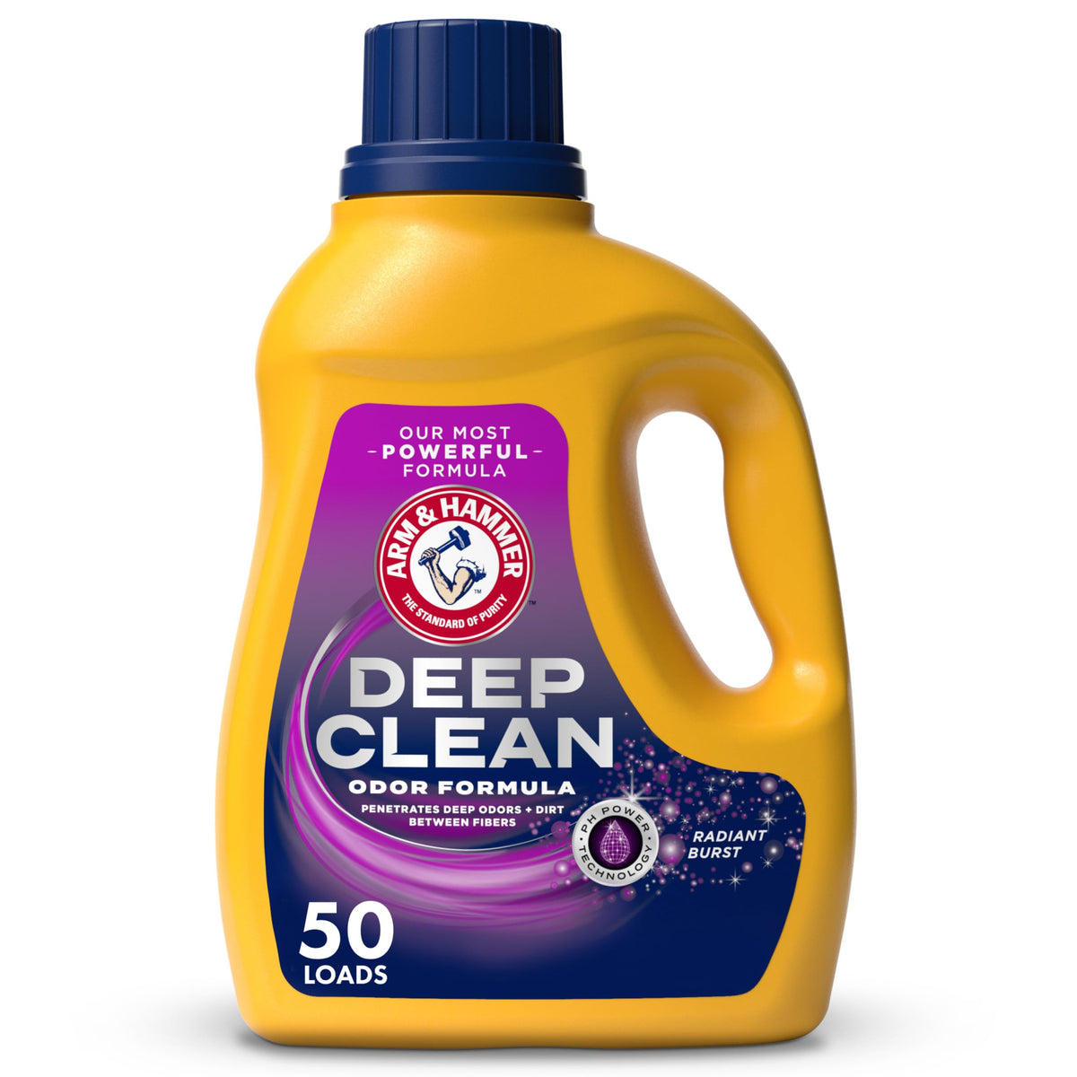 Arm & Hammer Deep Clean Odor Formula bottle shown for odor removal in laundry.