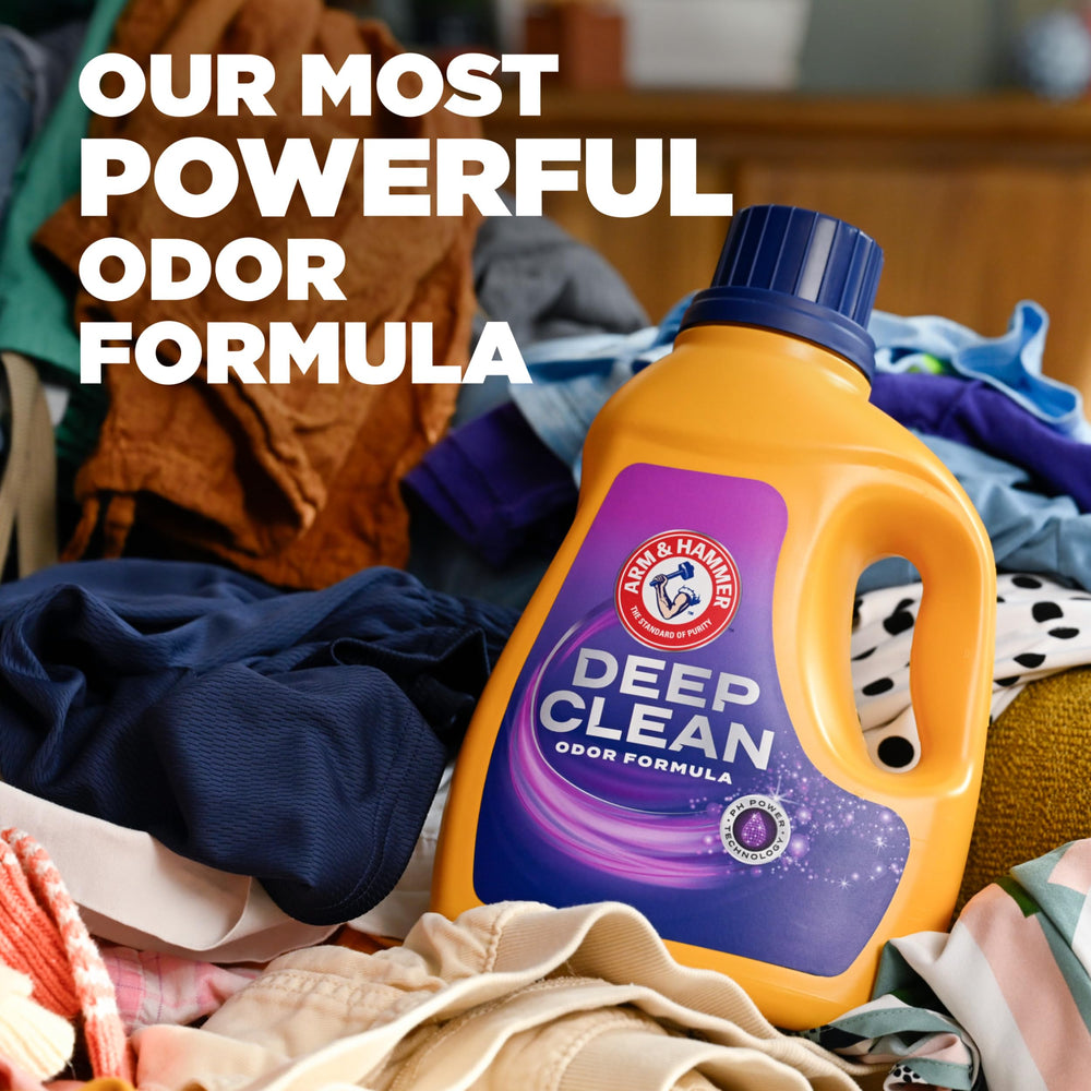 Dirty clothes before washing hint at the need for deep odor removal with the formula.