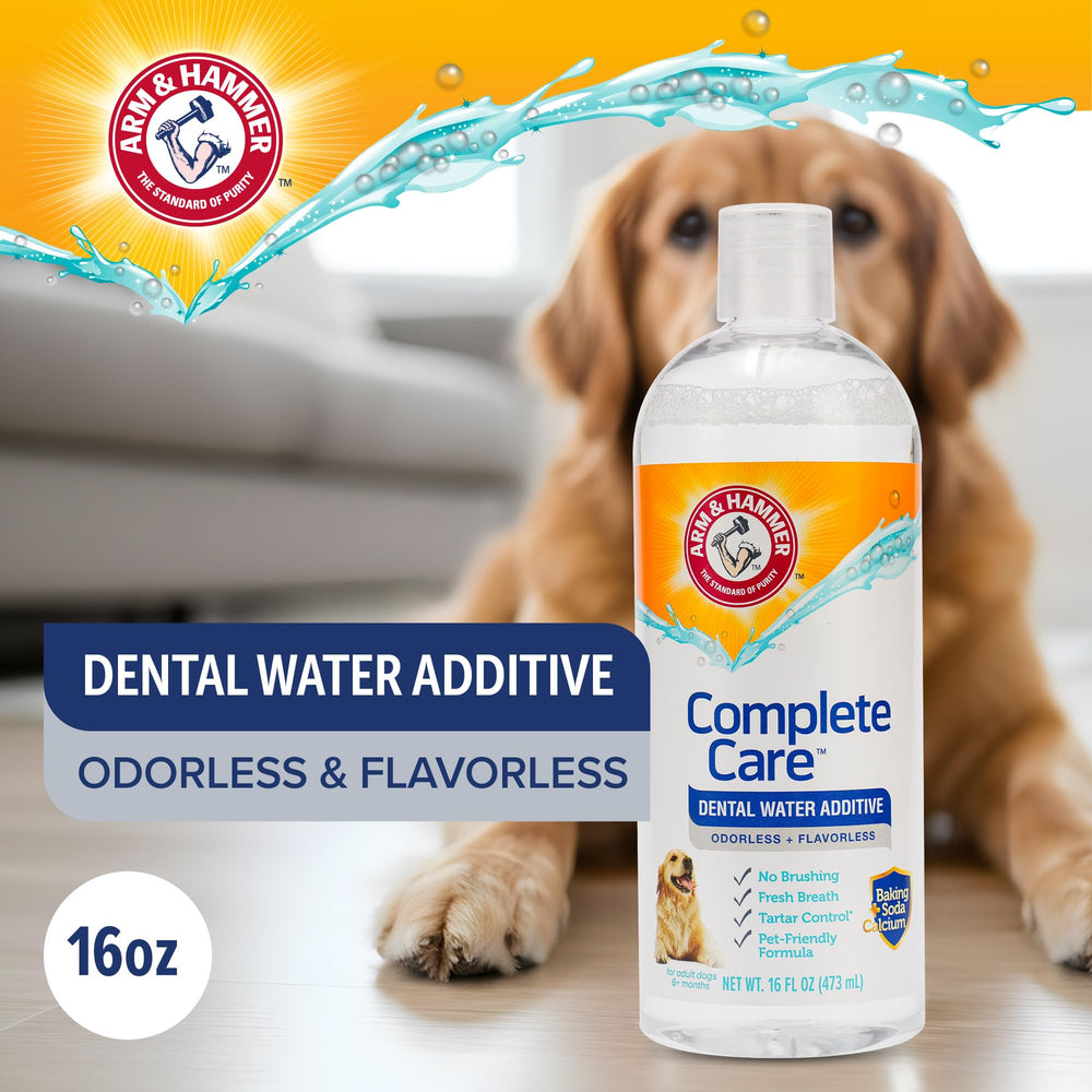 Arm & Hammer Dog Dental Water Additive baking soda cleaning action supports fresher breath.