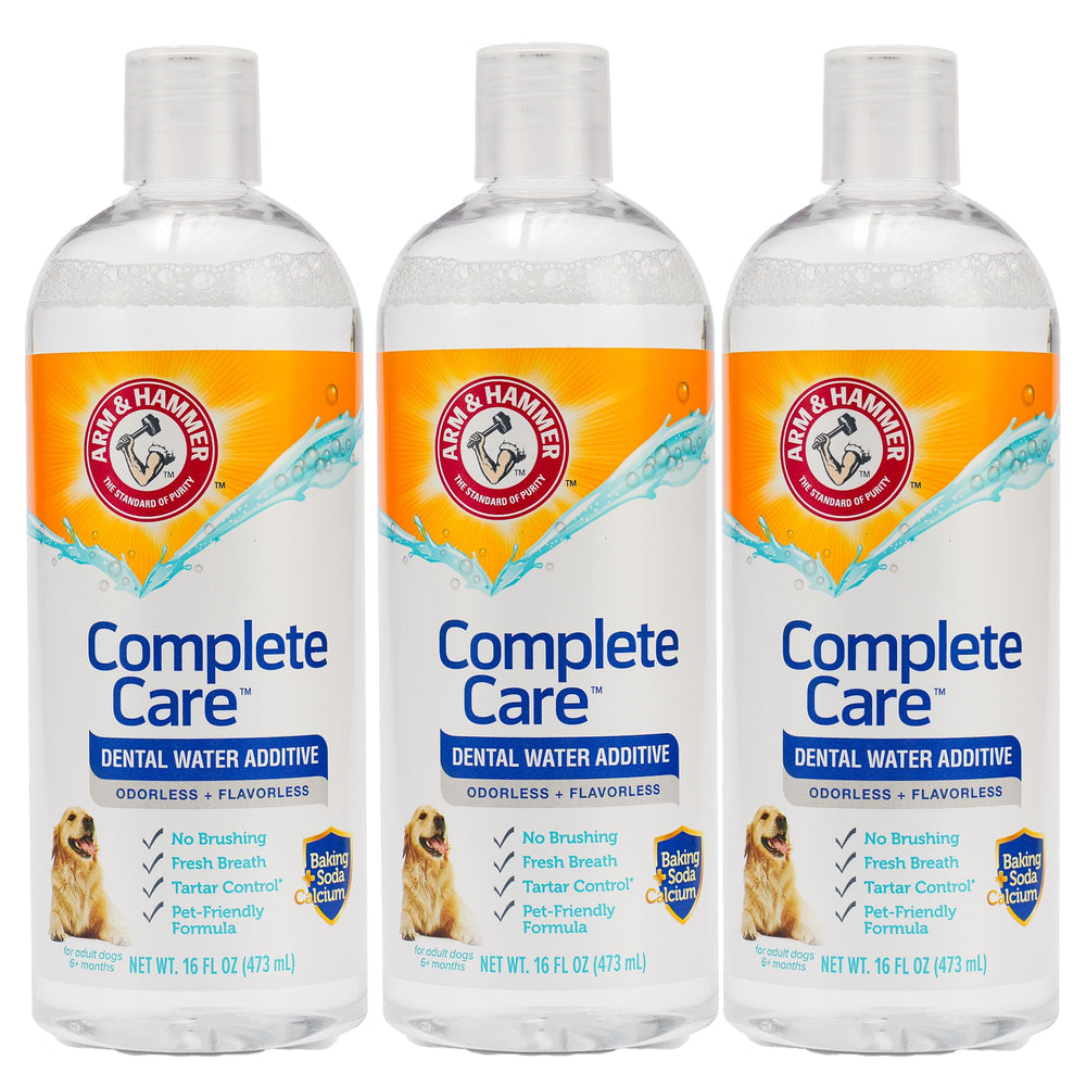 Arm & Hammer dog dental water additive bottle promotes easy daily dental care.