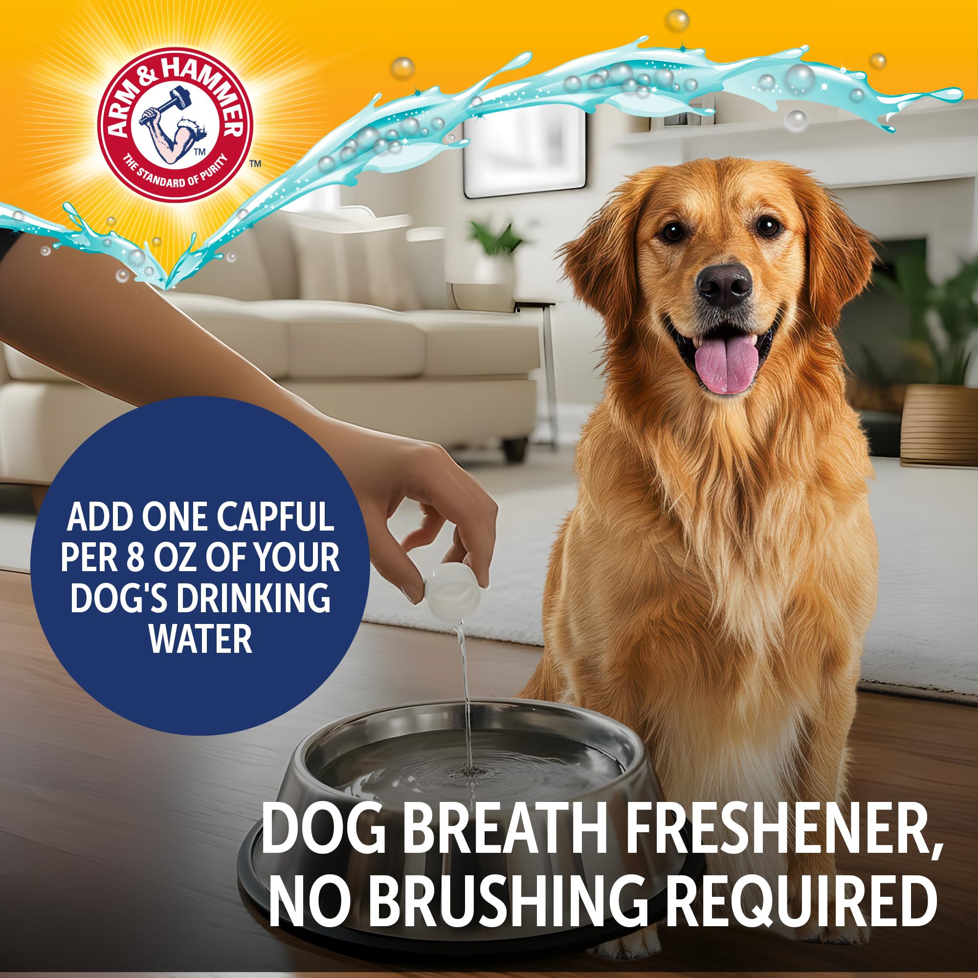 Arm & Hammer Dog Dental Water Additive calcium and vitamins help teeth and gum health.