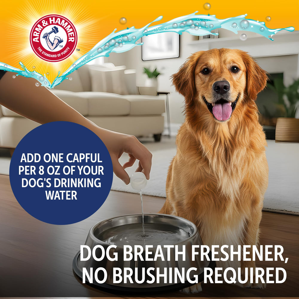 Arm & Hammer Dog Dental Water Additive calcium and vitamins help teeth and gum health.