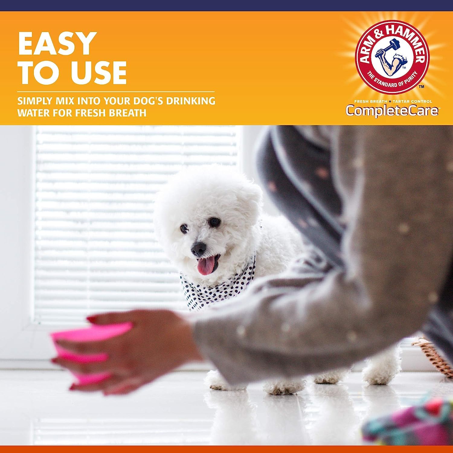 Arm & Hammer dog dental water additive dog drinking water scene illustrates effortless care.