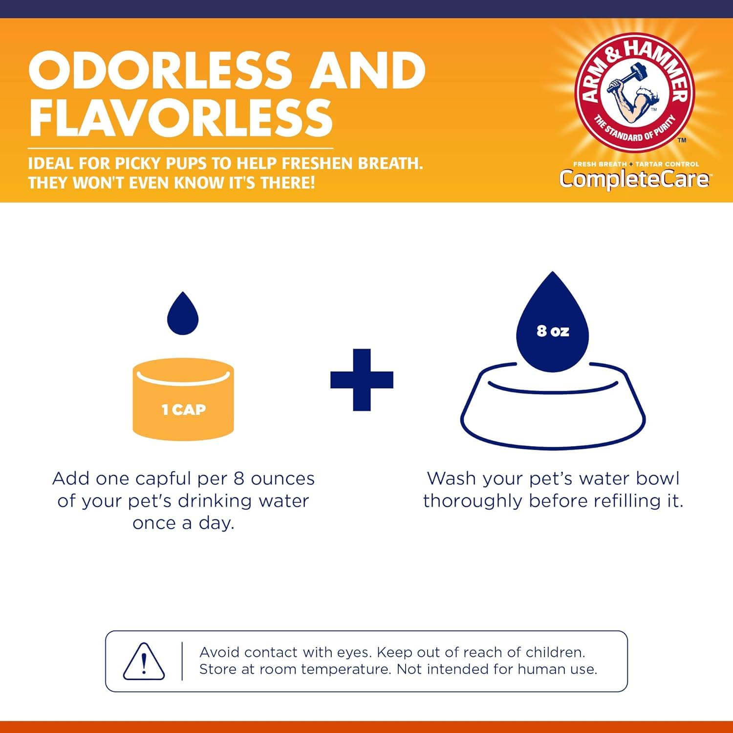 Arm & Hammer dog dental water additive label closeup highlights fluoride-free formula.