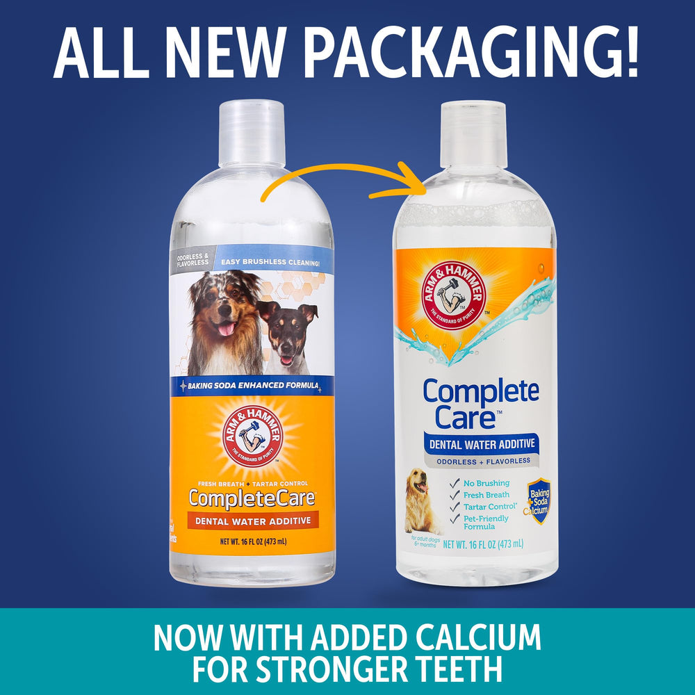 Arm & Hammer Dog Dental Water Additive poured into a dog's water bowl for easy daily use.