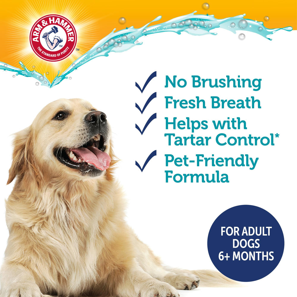 Arm & Hammer Dog Dental Water Additive helps reduce plaque and tartar with daily use.