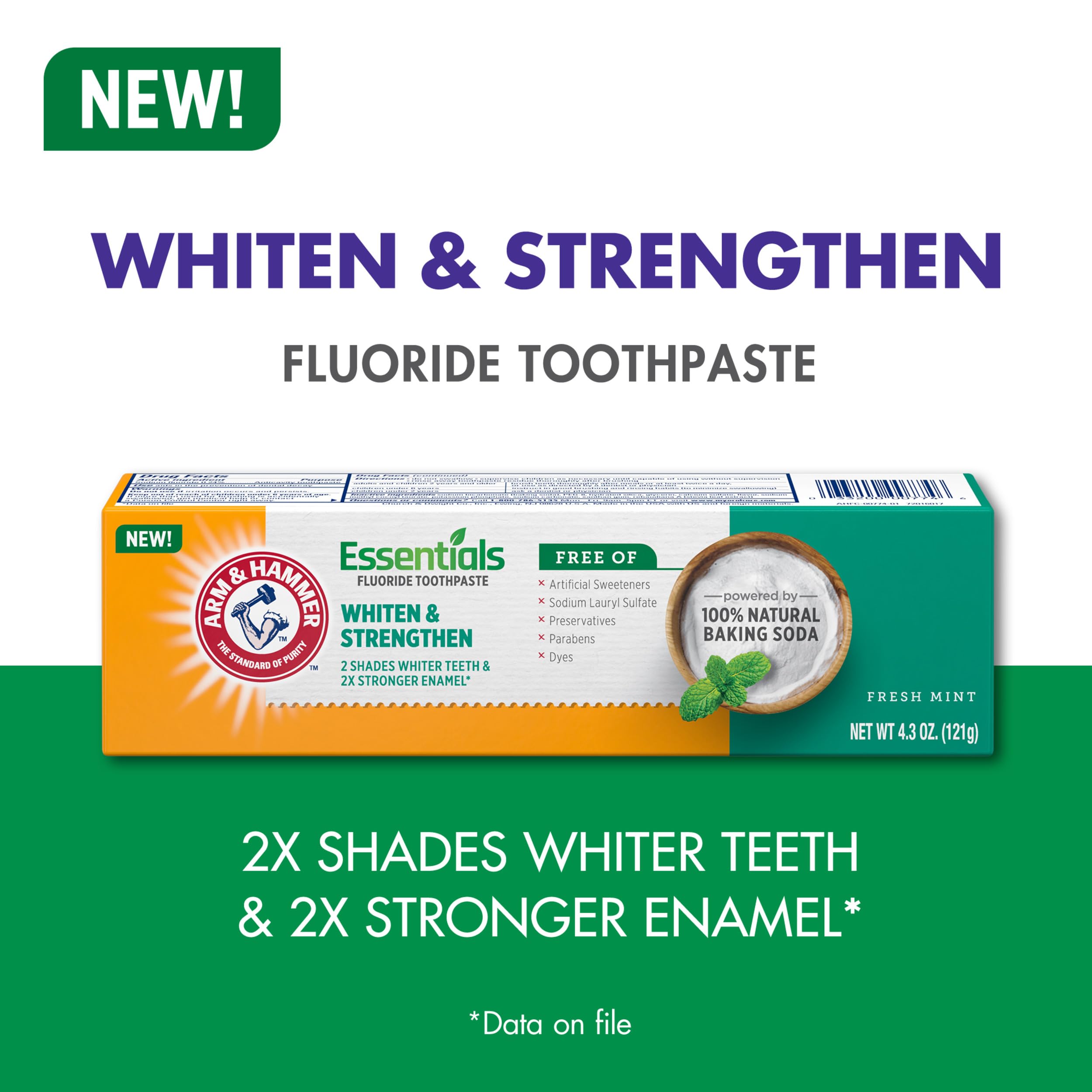 Arm & Hammer Essentials tube shows cavity protection messaging with fluoride.
