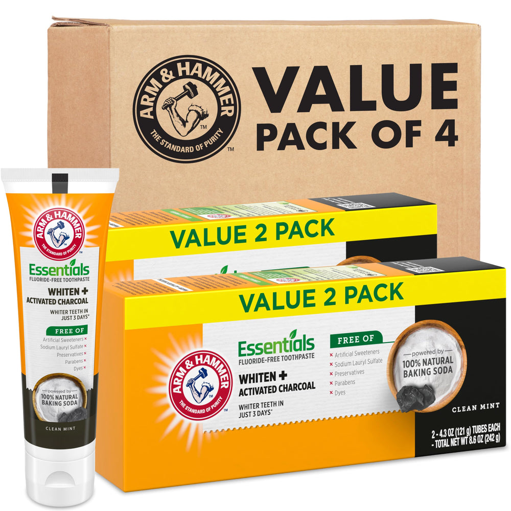 Arm & Hammer Essentials front of tube, fluoride-free whitening for a brighter smile.