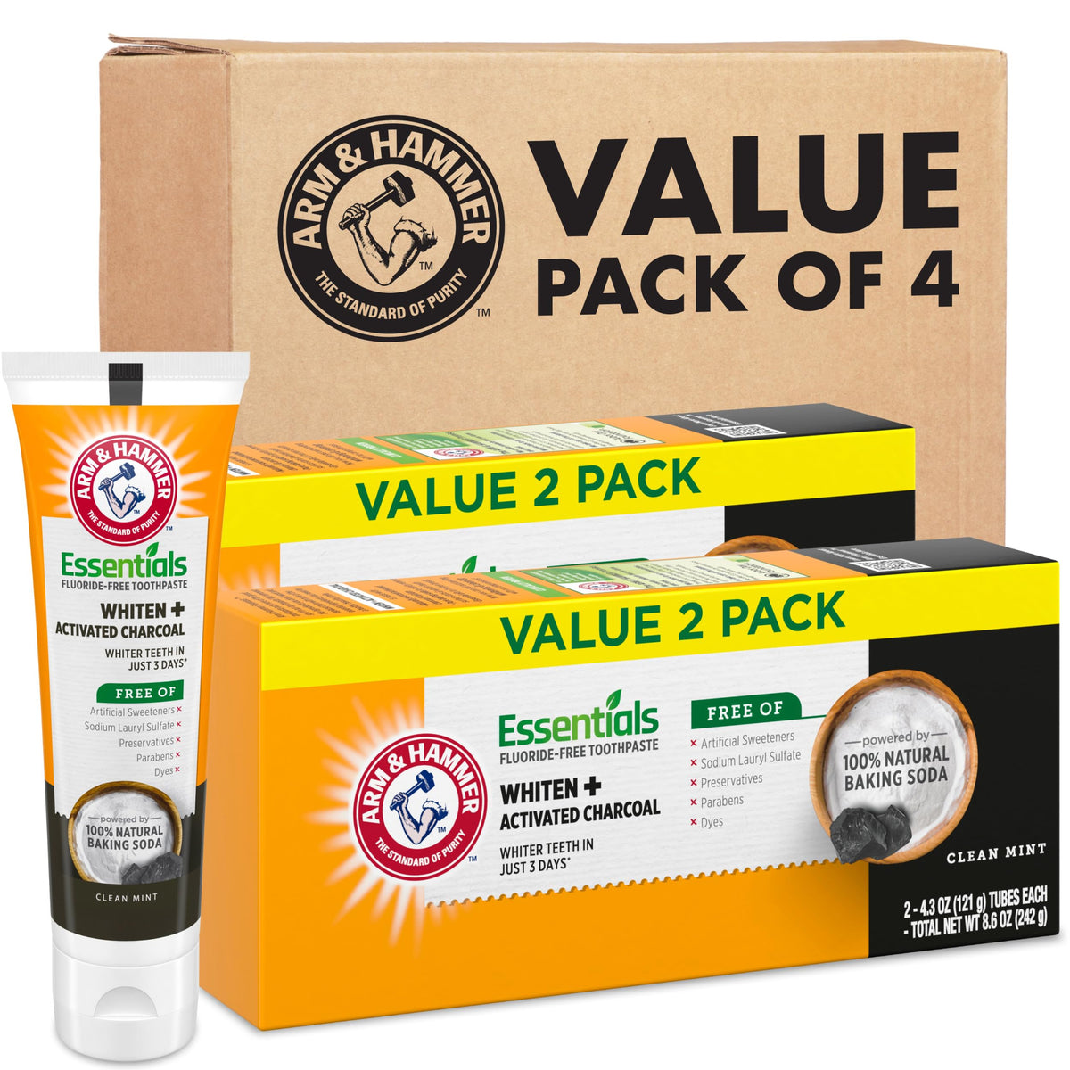 Arm & Hammer Essentials front of tube, fluoride-free whitening for a brighter smile.