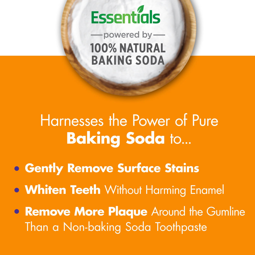 Arm & Hammer Essentials natural baking soda detail emphasizes gentle cleansing.