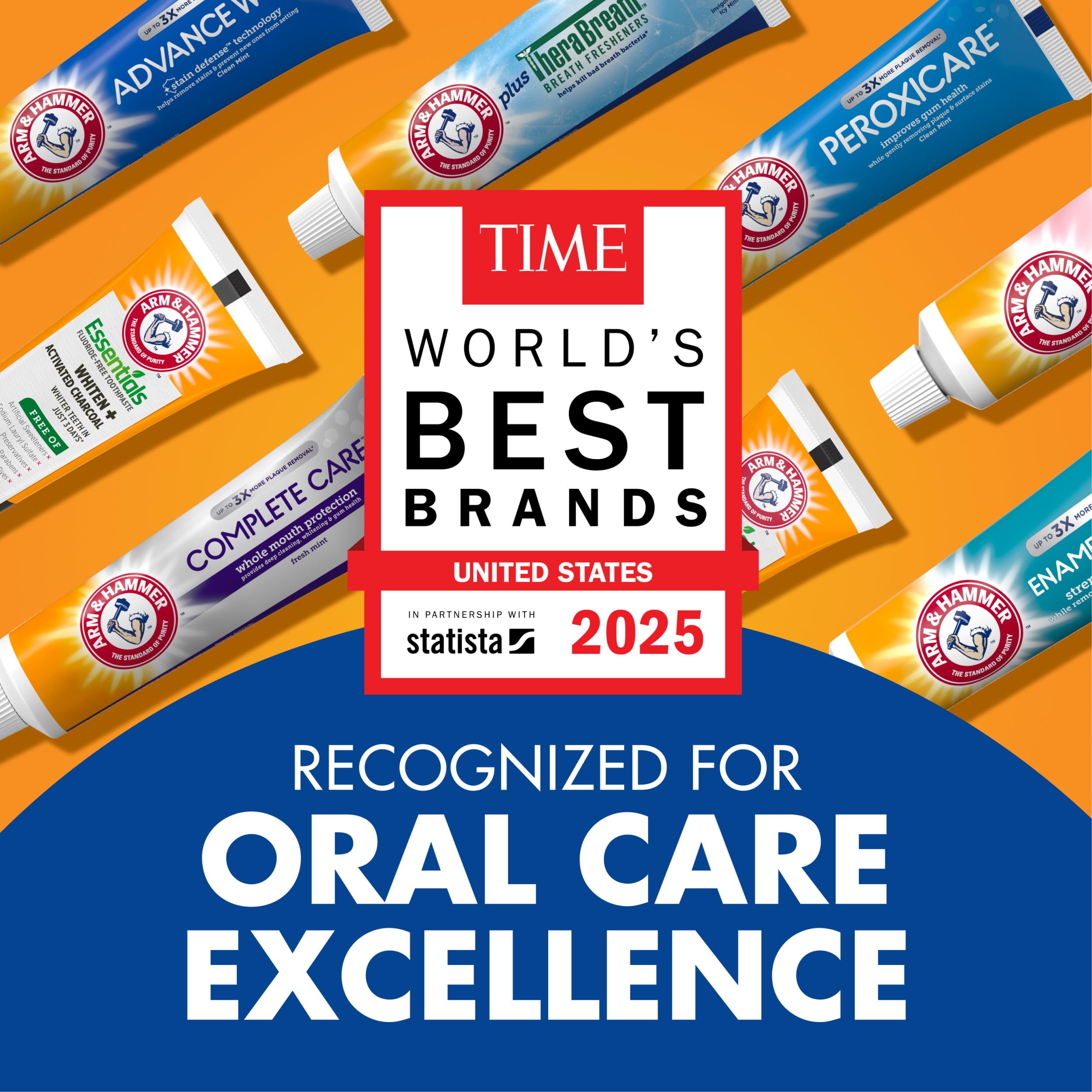 Arm & Hammer Essentials teeth-brightening close-up suggests surface stain reduction.