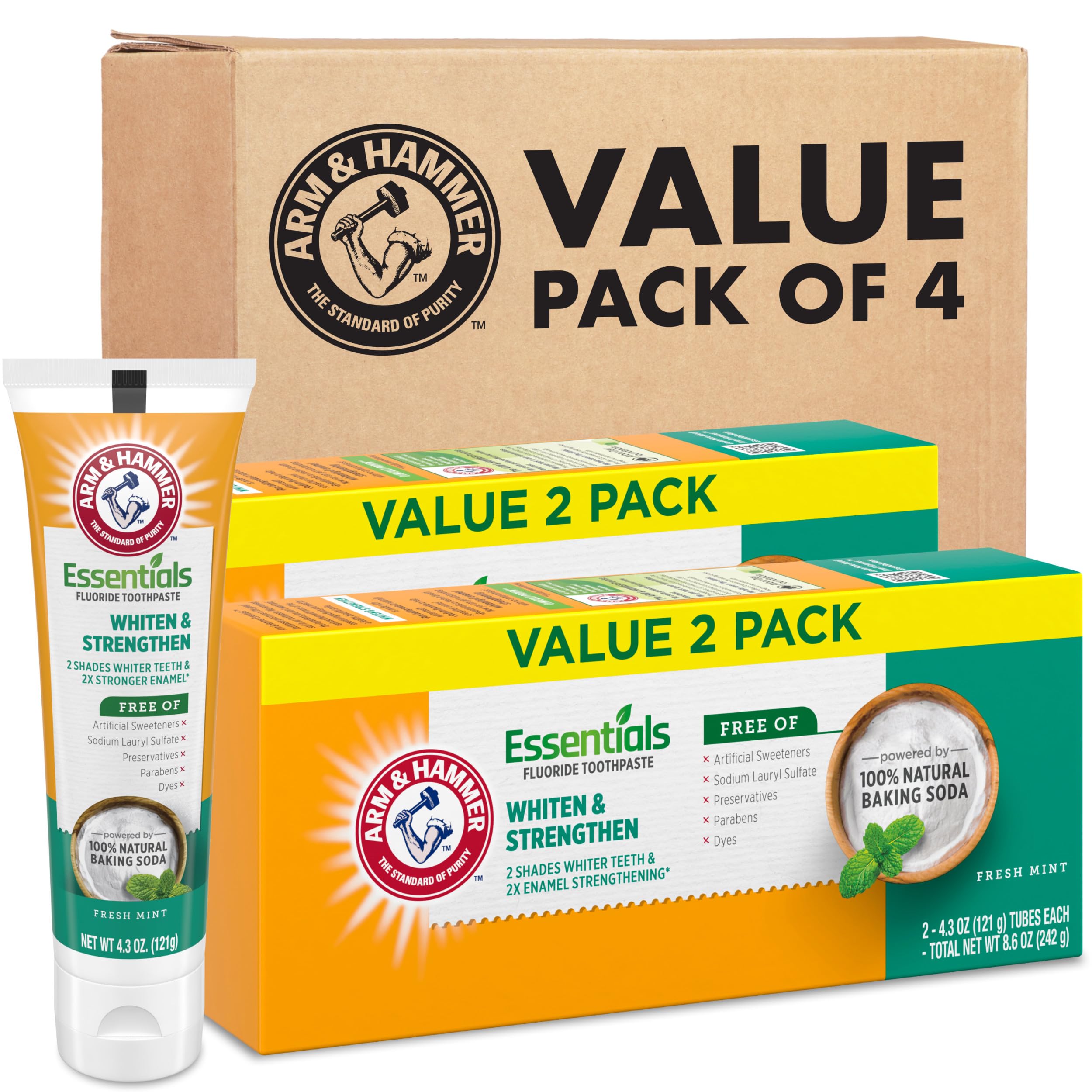 Arm & Hammer Essentials toothpaste front view highlights whitening and enamel strengthening.