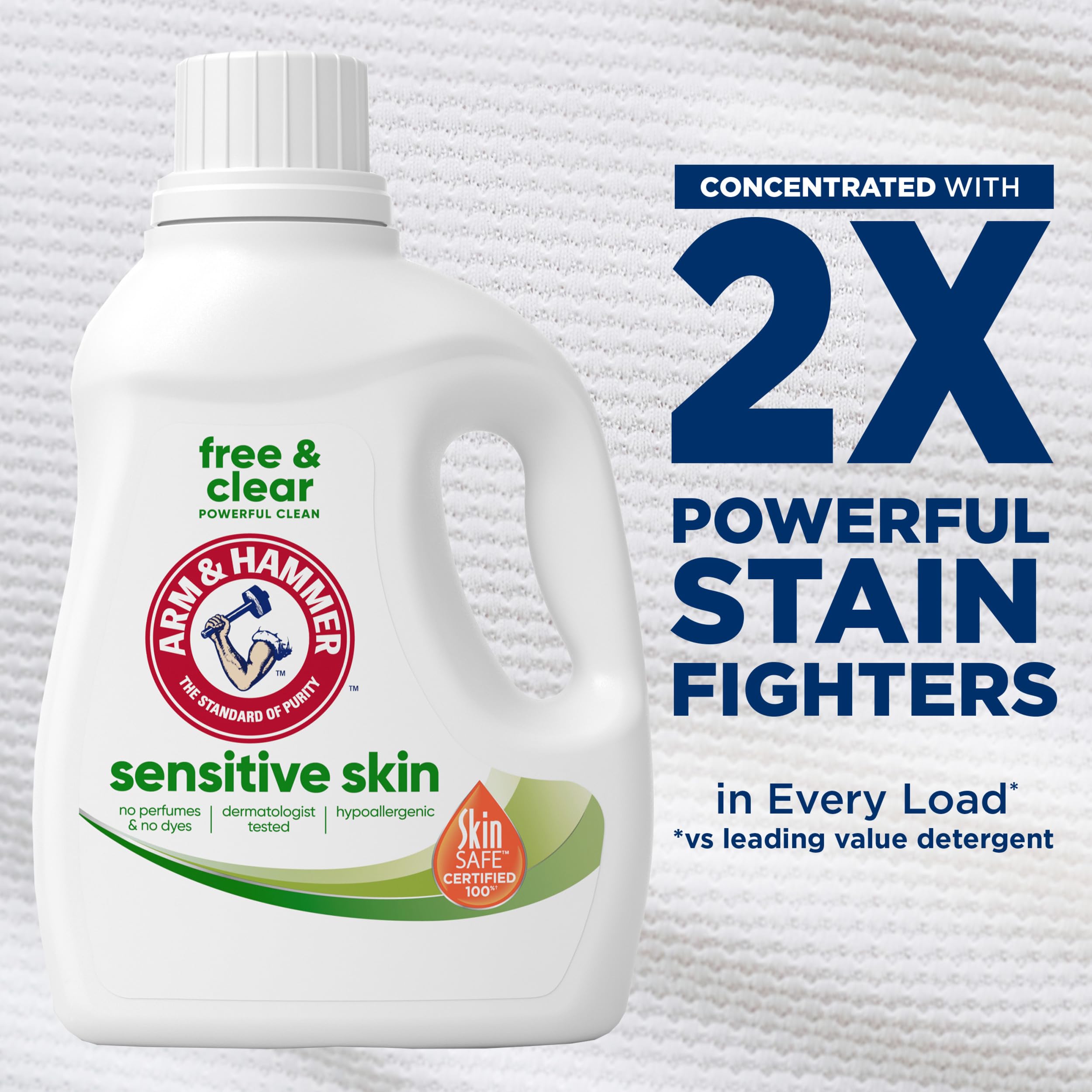 ARM & HAMMER Free & Clear label closeup showing no dyes or perfumes
