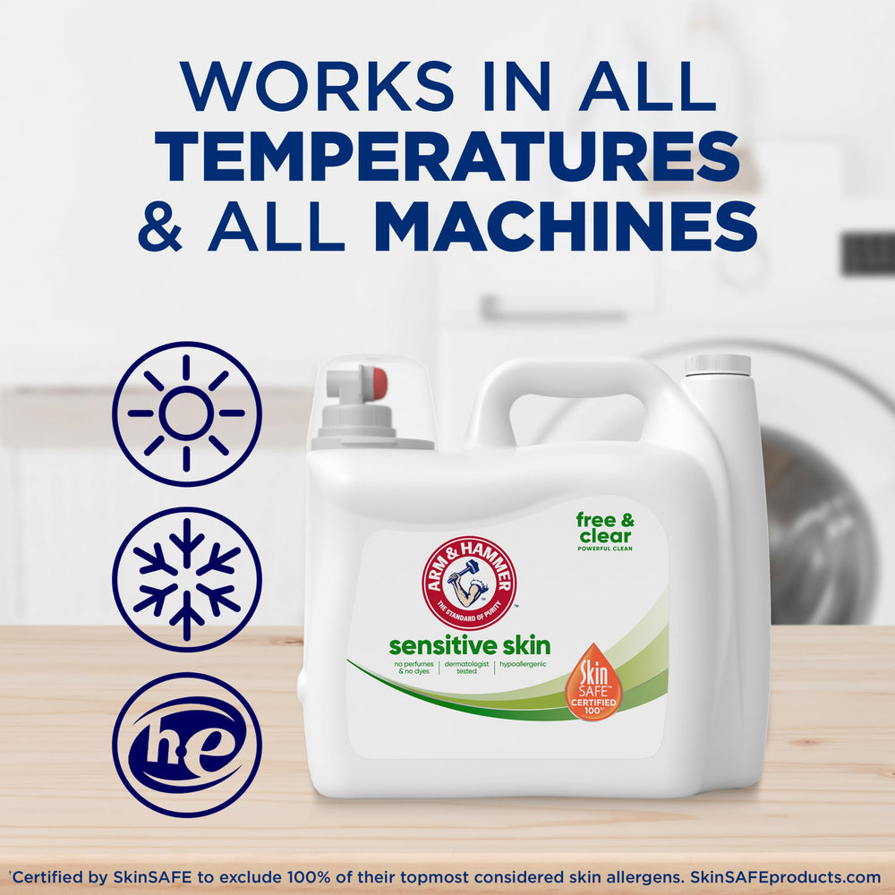 Arm & Hammer bottle beside an HE washer scene.