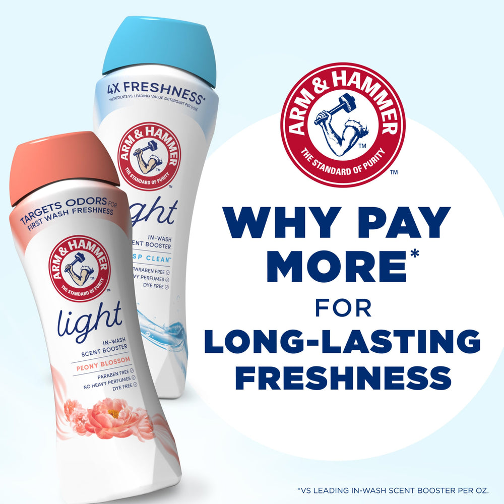 Fresh laundry with light scent after using Arm & Hammer booster.