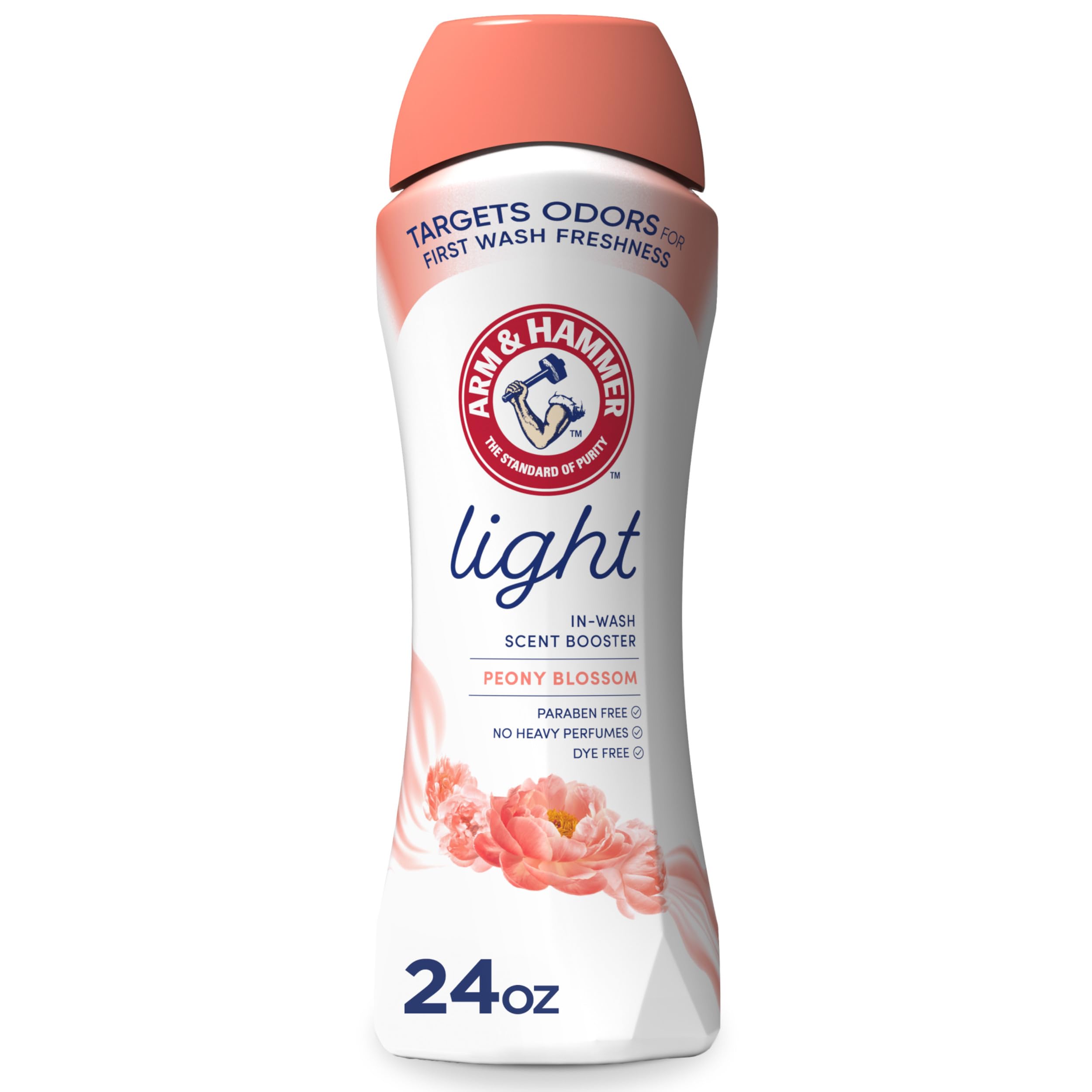 Arm & Hammer Light In-Wash Scent Booster bottle pouring long-lasting Peony Blossom fragrance.