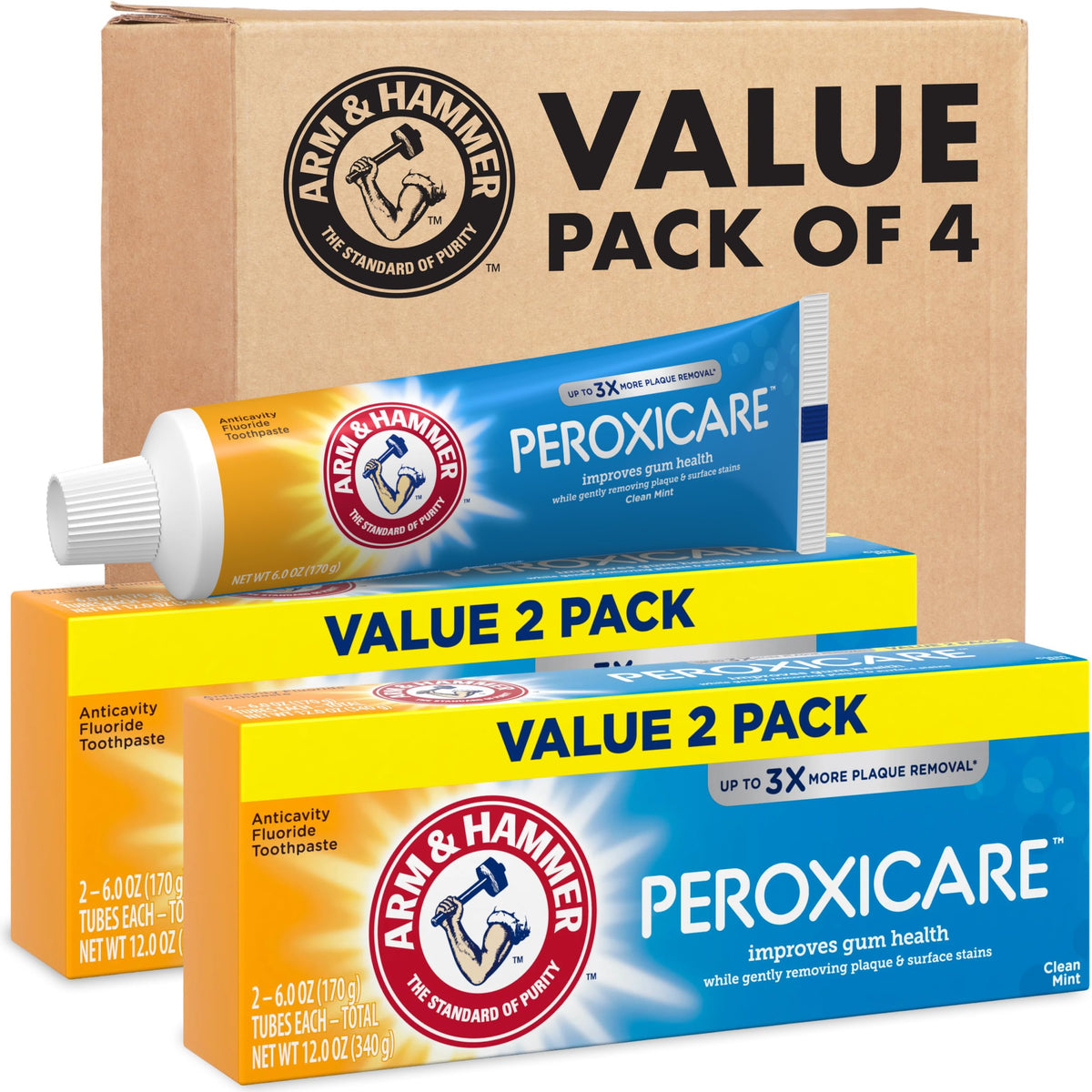 Arm & Hammer Peroxicare toothpaste tube close-up showing gum health support