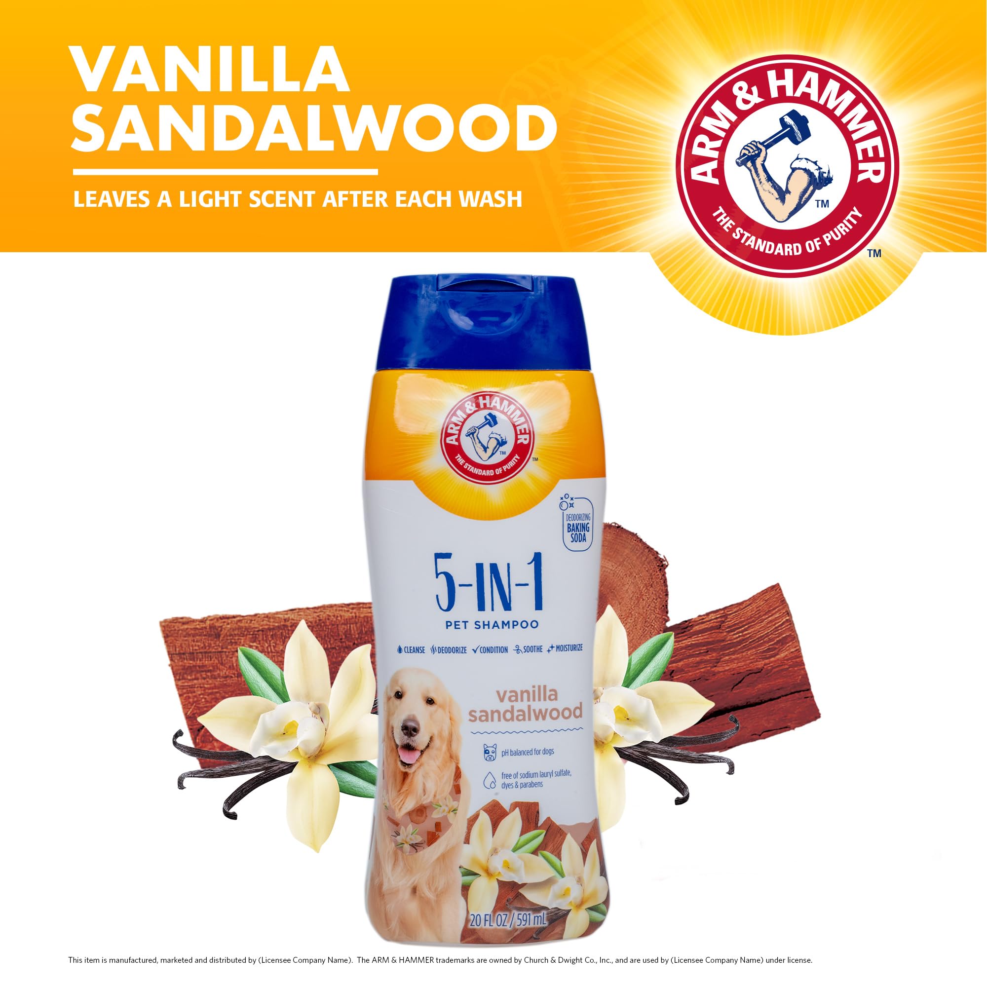 Arm & Hammer for Pets 5-in-1 deodorizing action freshens the coat.
