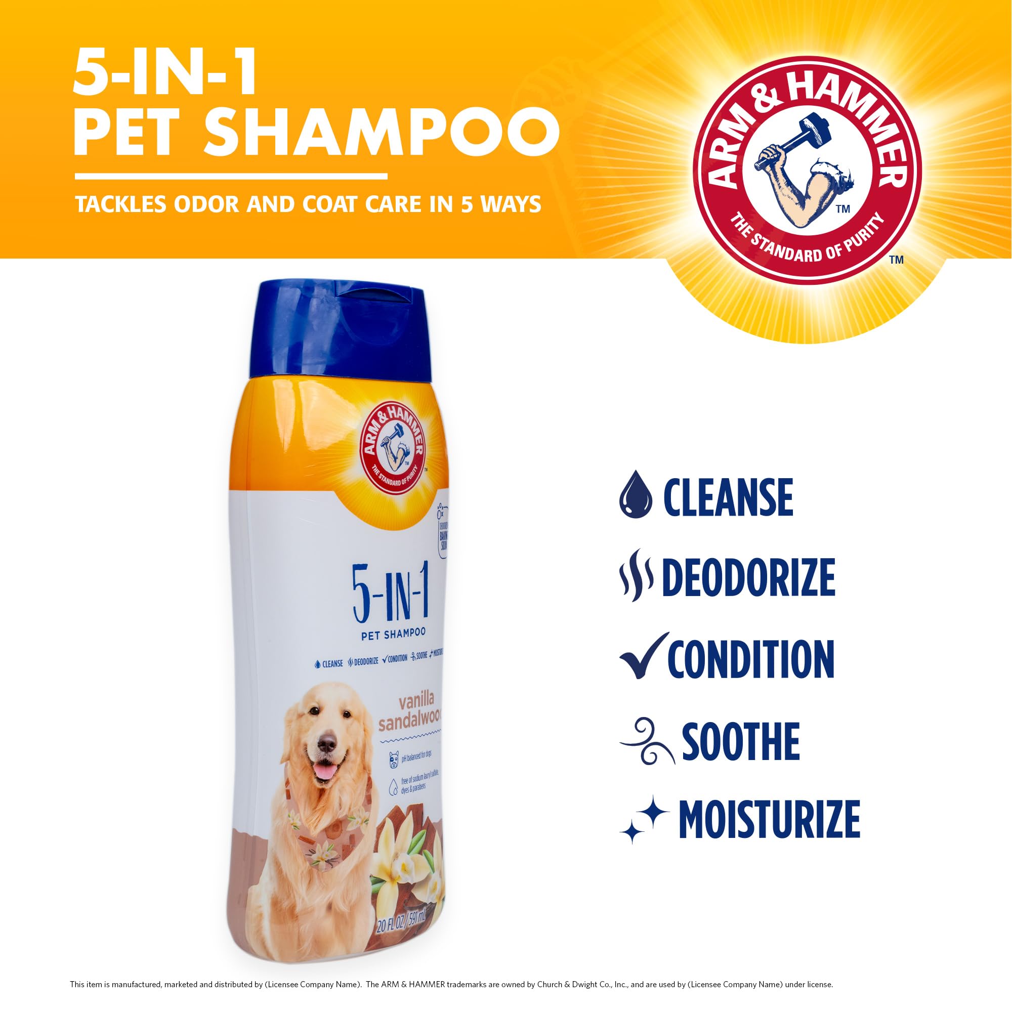 Arm & Hammer for Pets 5-in-1 shampoo lather on a dog's coat.