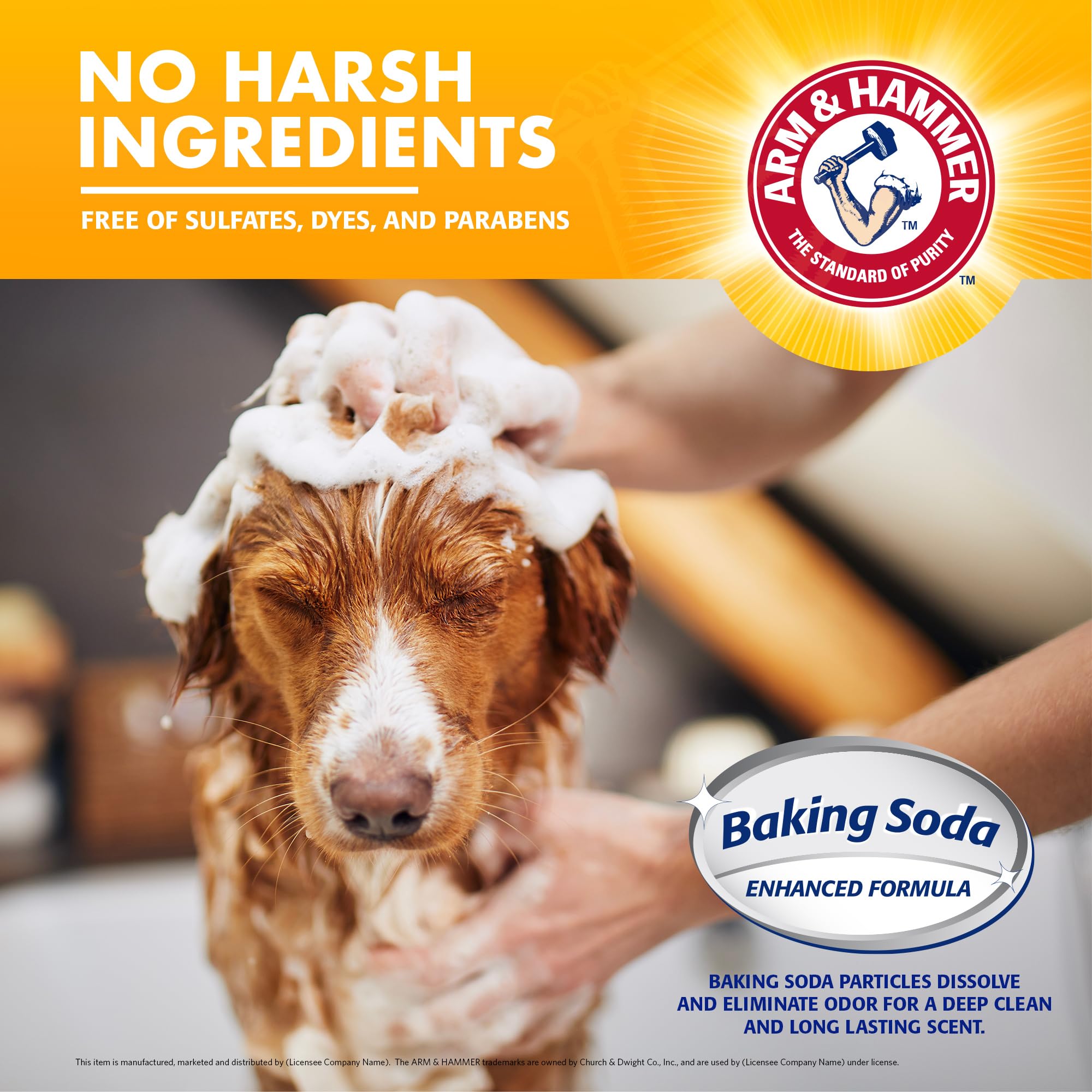 Arm & Hammer for Pets 5-in-1 ingredients close-up with baking soda, oatmeal, aloe, shea butter.