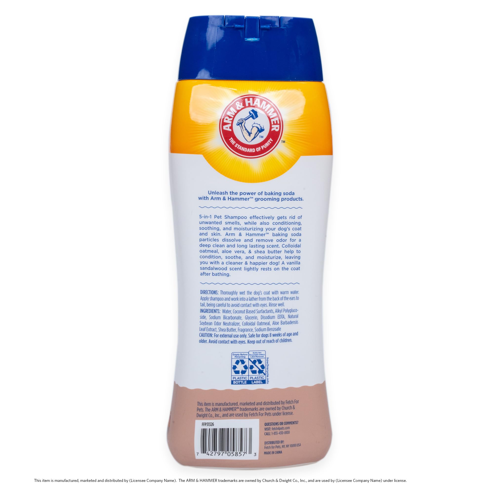Arm & Hammer for Pets 5-in-1 shampoo scented with vanilla sandalwood on the coat.