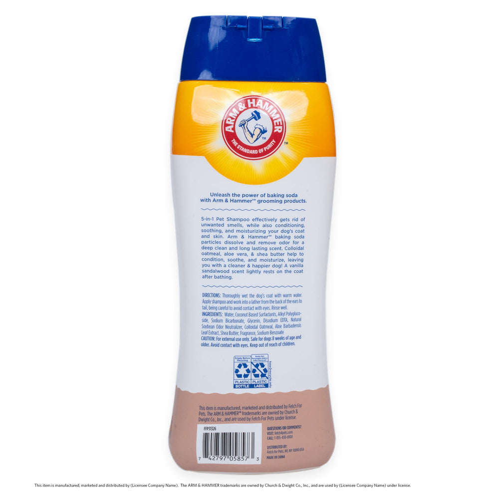 Arm & Hammer for Pets 5-in-1 shampoo scented with vanilla sandalwood on the coat.