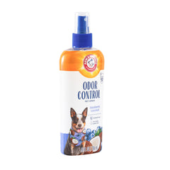 Dog being sprayed with Arm & Hammer Odor Control Spray on coat for fresh scent.