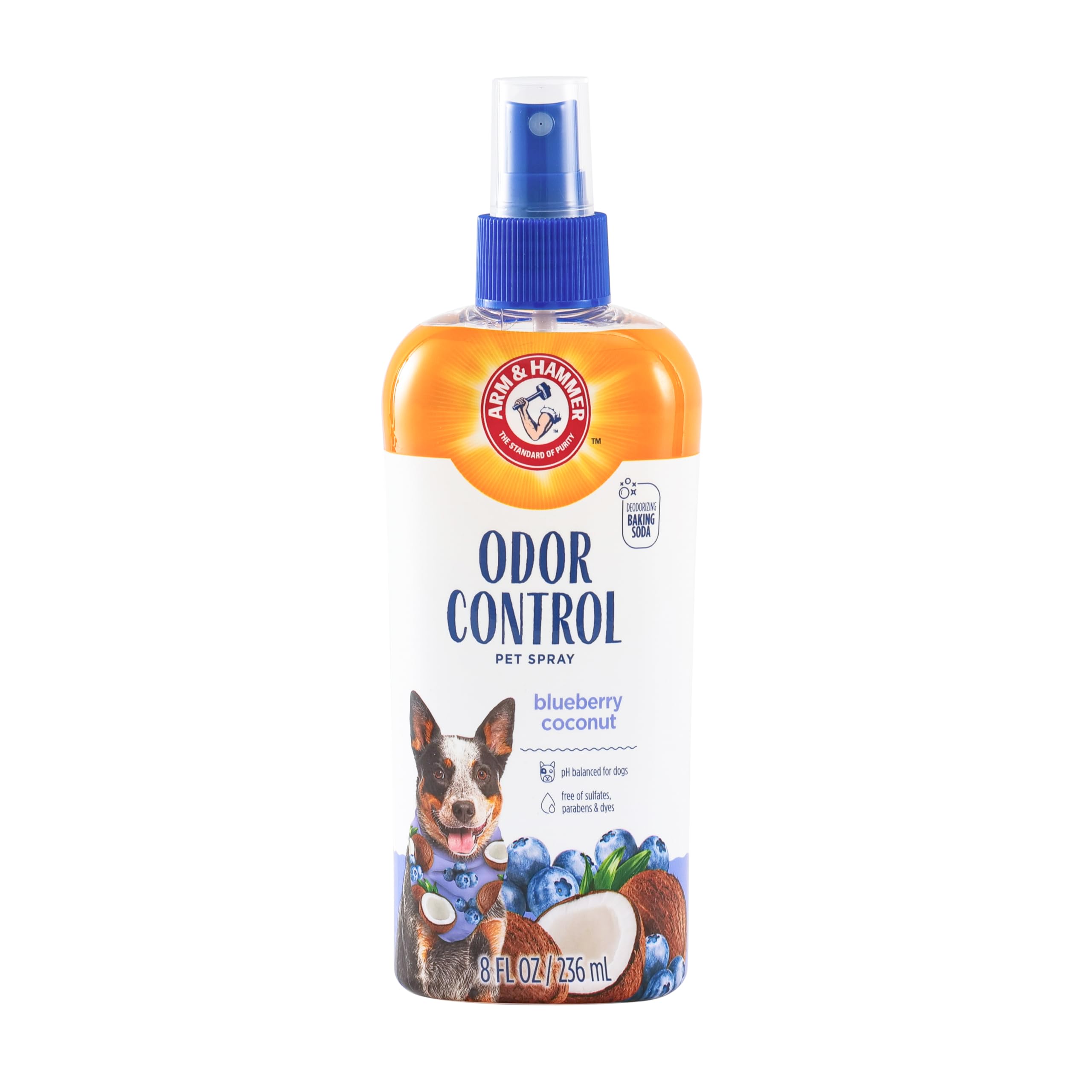 Arm & Hammer Pets Odor Control Spray bottle with blueberry coconut scent for dogs' fresh coat.