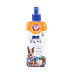 Arm & Hammer Pets Odor Control Spray bottle with blueberry coconut scent for dogs' fresh coat.