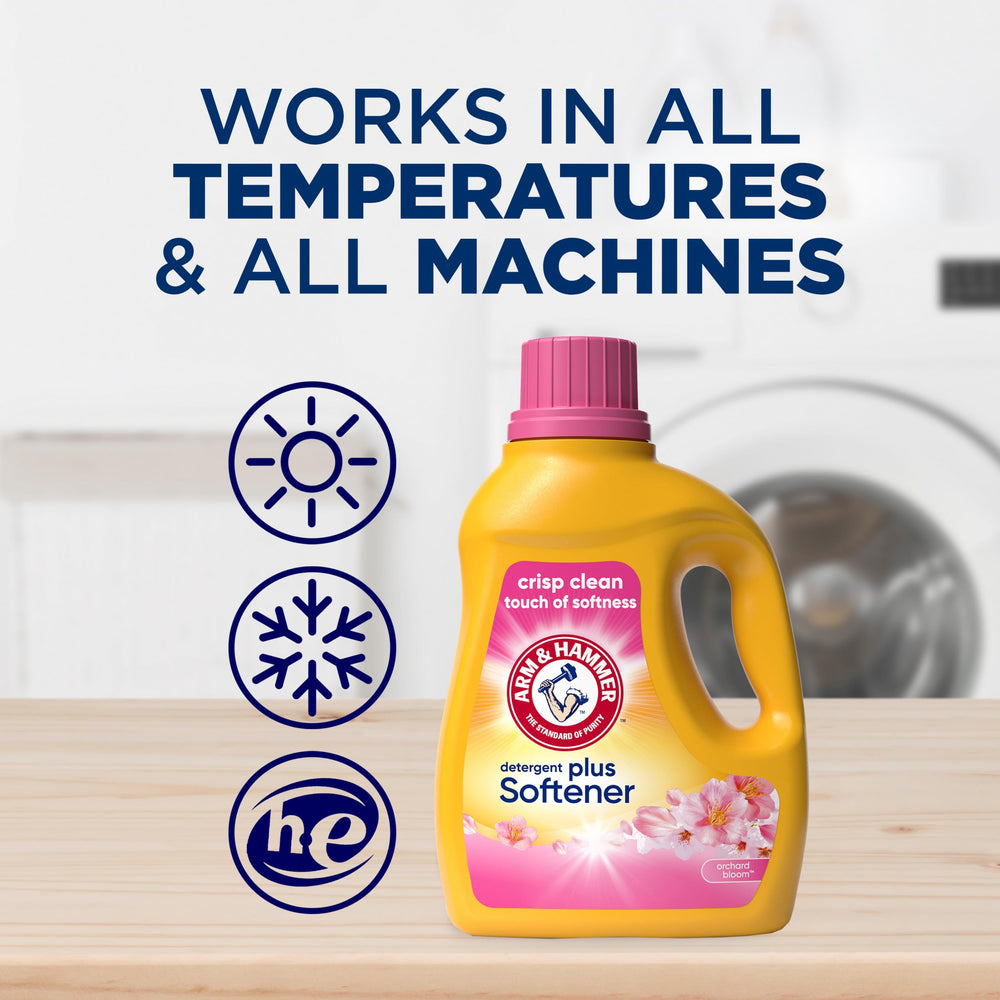 HE-compatible symbol on ARM & HAMMER bottle indicates washer compatibility