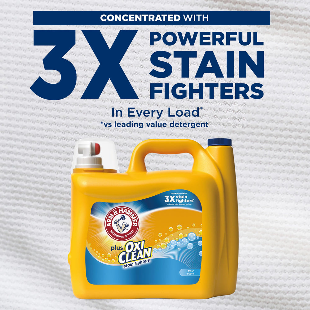 Close-up of Arm & Hammer Plus OxiClean label detailing 101 stains claim