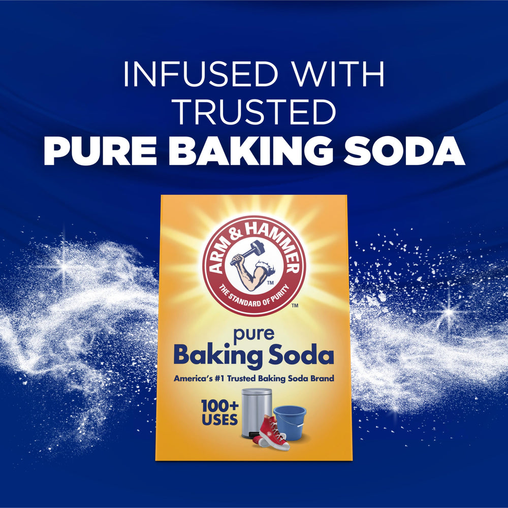 Before-and-after fabrics show stain improvement with ARM & HAMMER Plus OxiClean Max Force