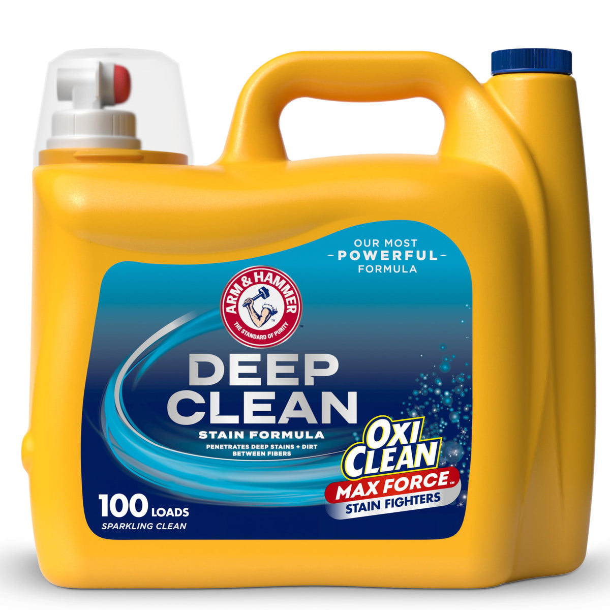 ARM & HAMMER Plus OxiClean Max Force Deep Clean bottle highlights stain removal power