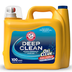 ARM & HAMMER Plus OxiClean Max Force Deep Clean bottle highlights stain removal power