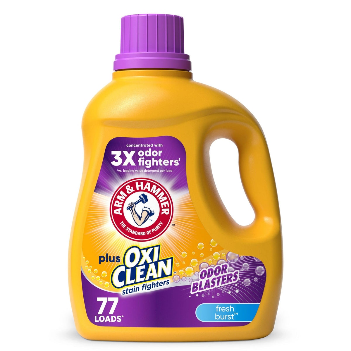 Arm & Hammer Plus OxiClean Fresh Burst bottle for odor control and stain removal.