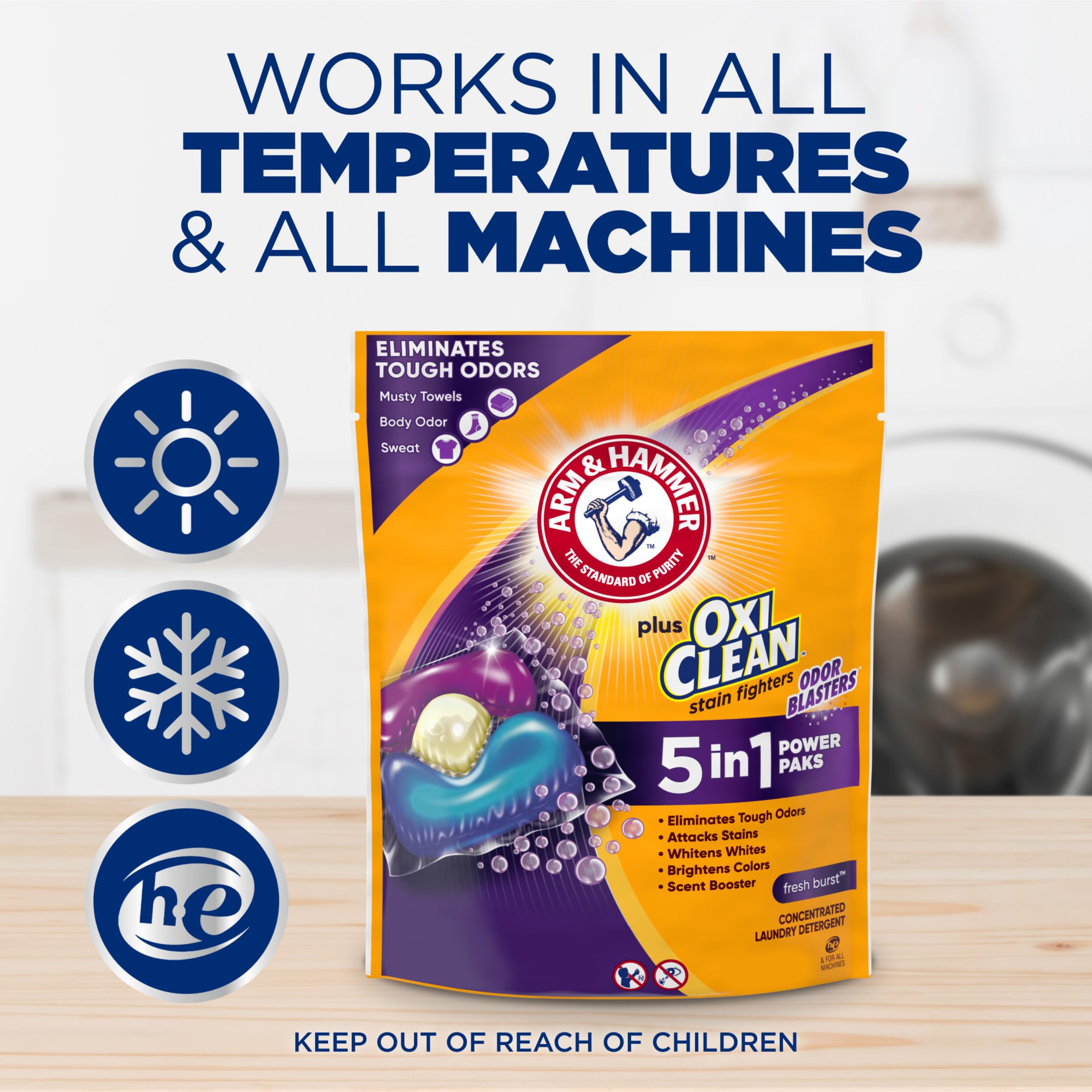 Arm & Hammer Plus OxiClean Odor Blasters removes odors from fabrics.