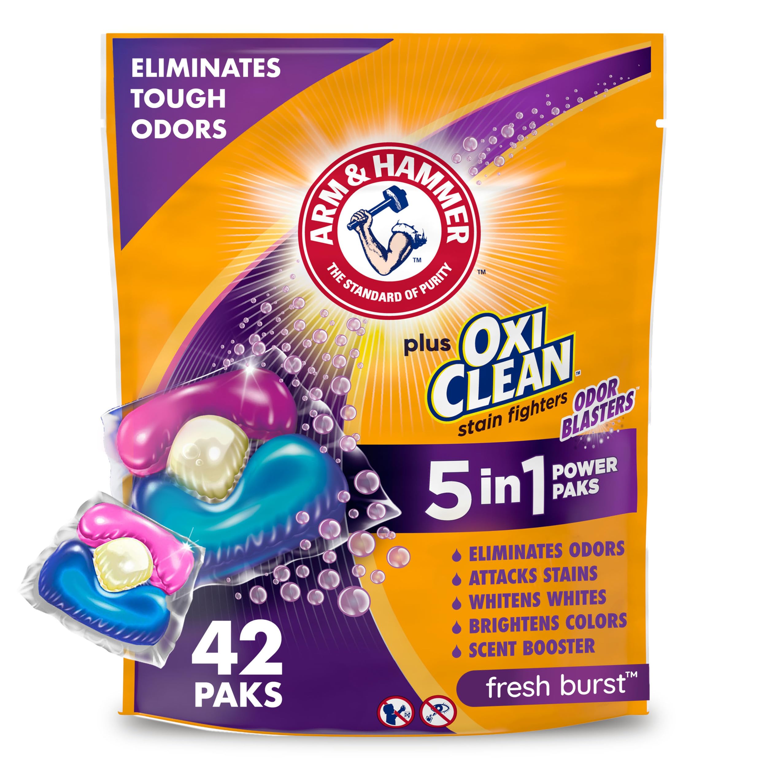 Arm & Hammer Plus OxiClean Odor Blasters Pak pours for quick laundry freshening.