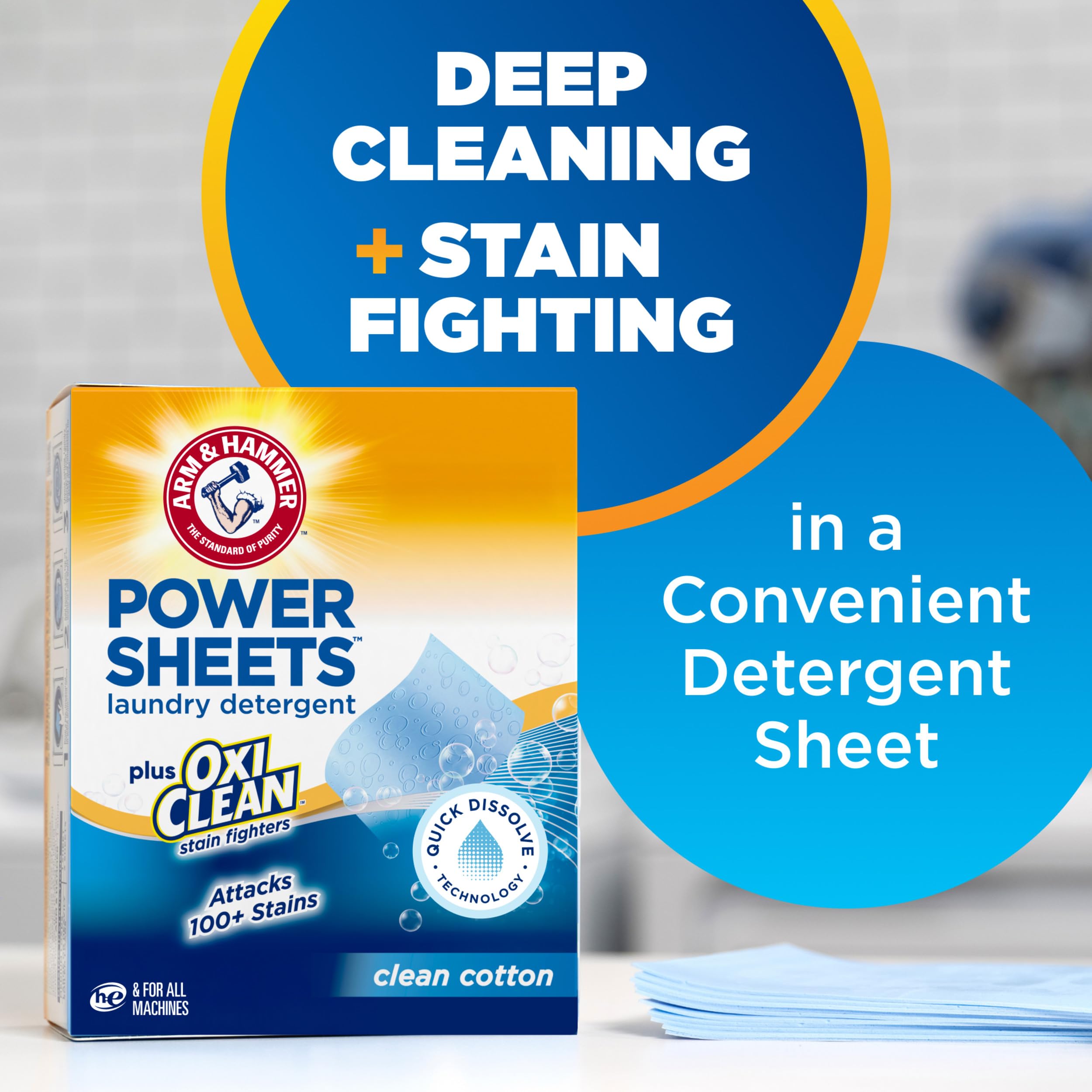 Arm & Hammer Power Sheets dissolving in water for quick, full-clean results.