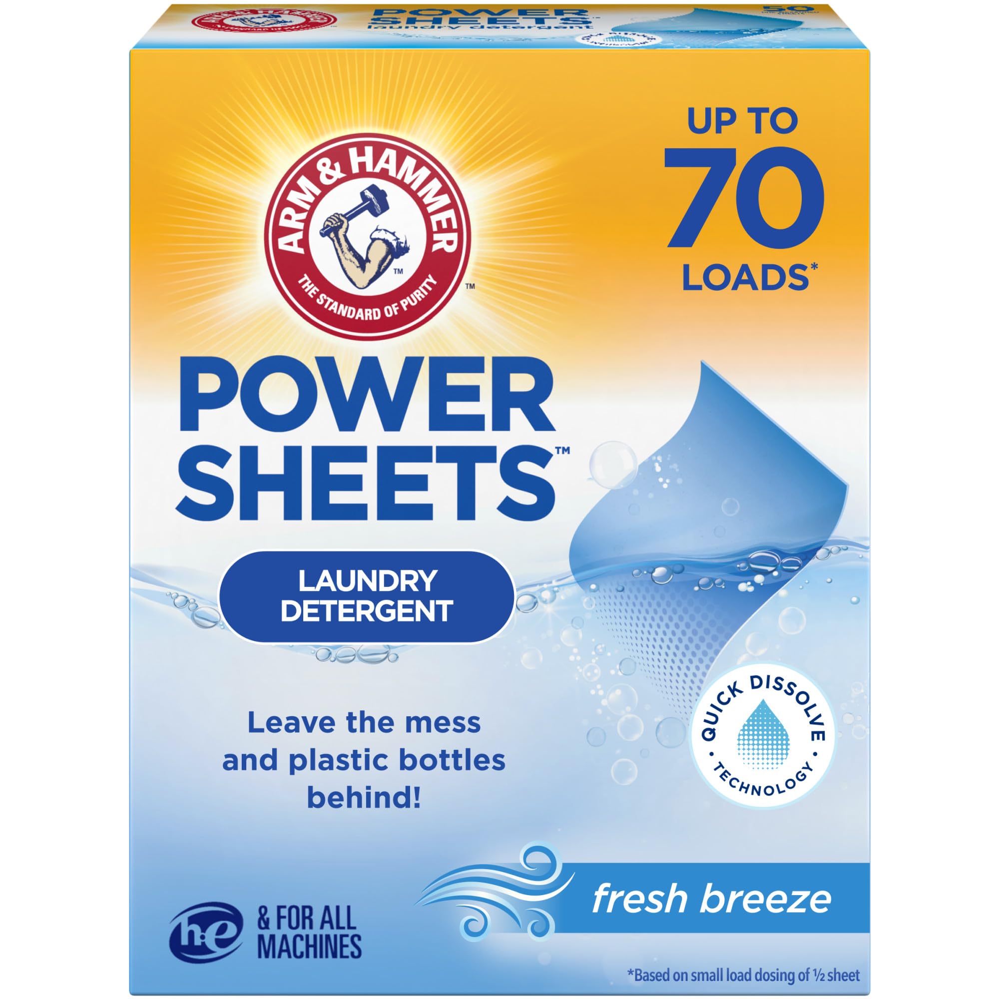 Arm & Hammer Power Sheets Fresh Breeze packaging front showing compact, mess-free laundry sheets.