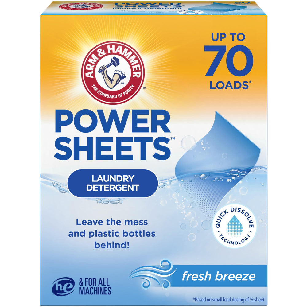 Arm & Hammer Power Sheets Fresh Breeze packaging front showing compact, mess-free laundry sheets.