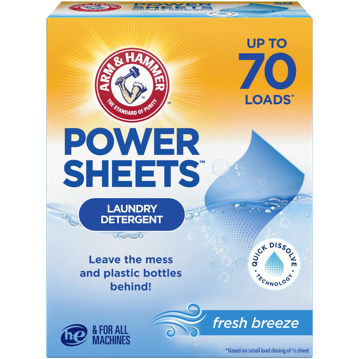 Arm & Hammer Power Sheets Fresh Breeze packaging front showing compact, mess-free laundry sheets.