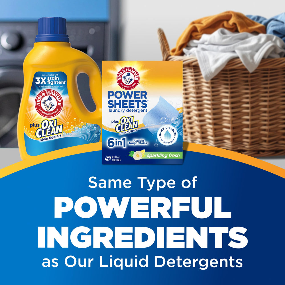 Power Sheets with OxiClean stain fighters tackling tough stains.