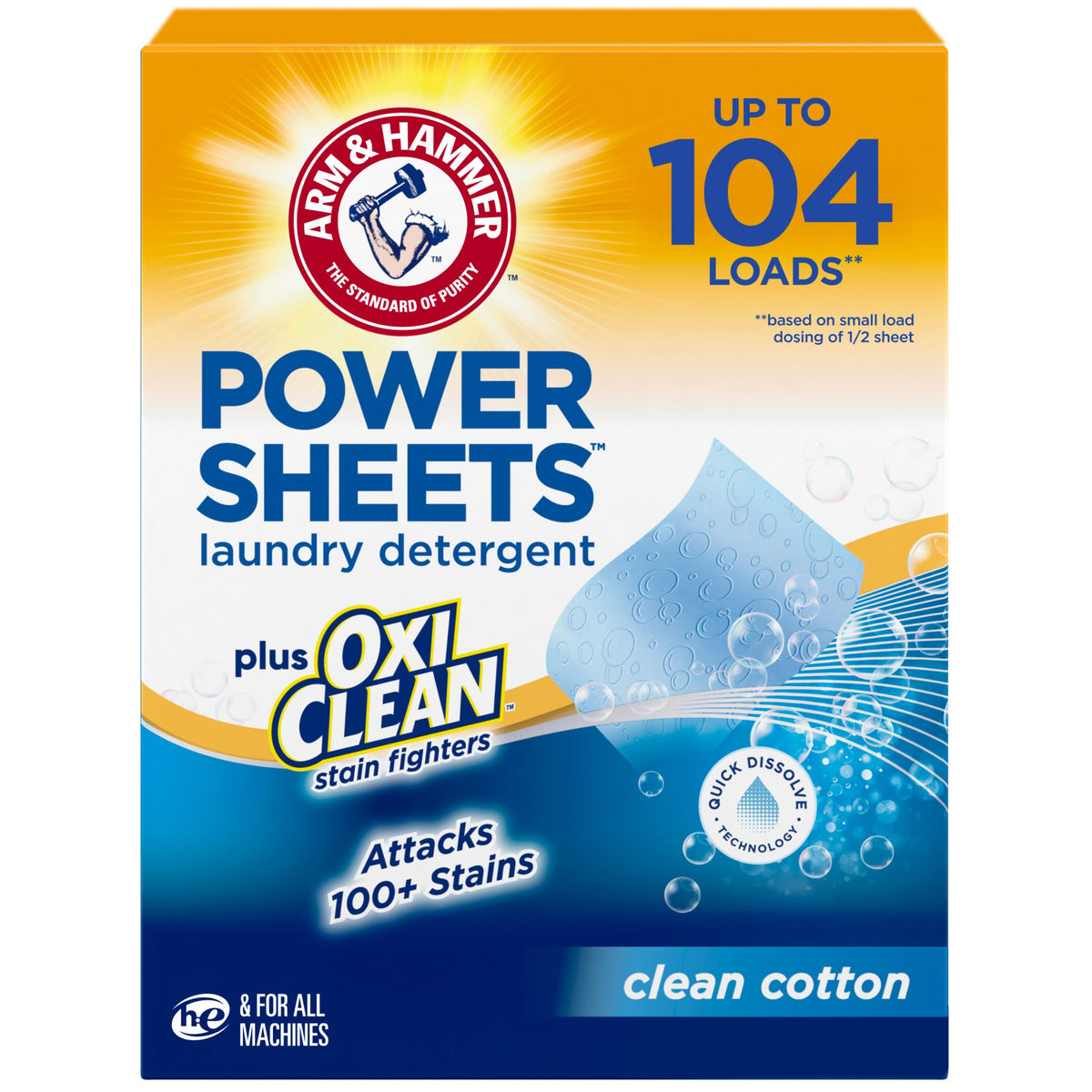 Arm & Hammer Power Sheets packaging shows a compact, mess-free laundry solution.