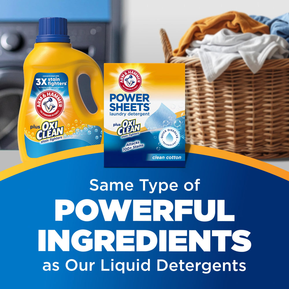 Arm & Hammer Power Sheets cover 52 small loads per half-sheet.