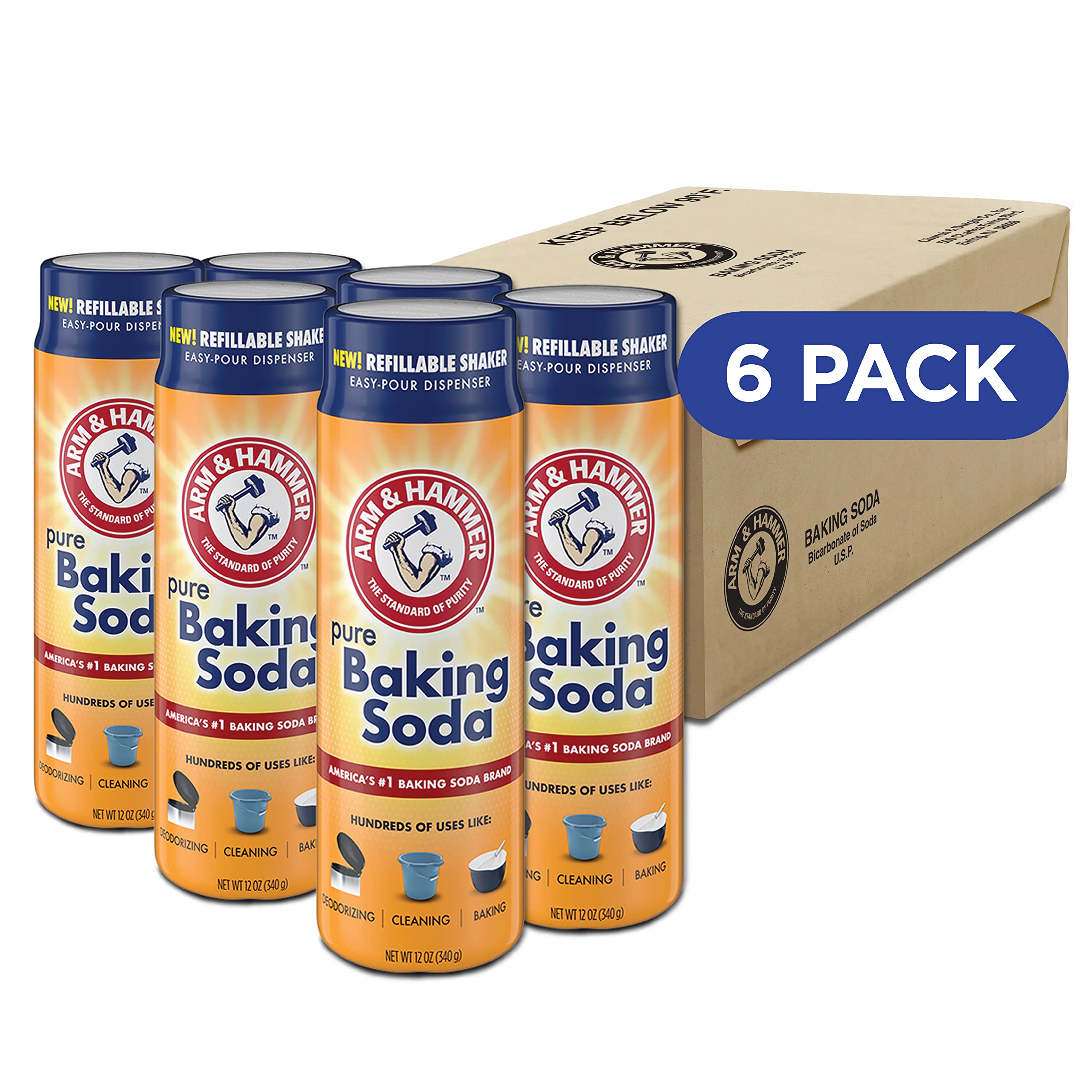 Arm & Hammer Pure Baking Soda Shaker 12oz front view for convenient six-pack