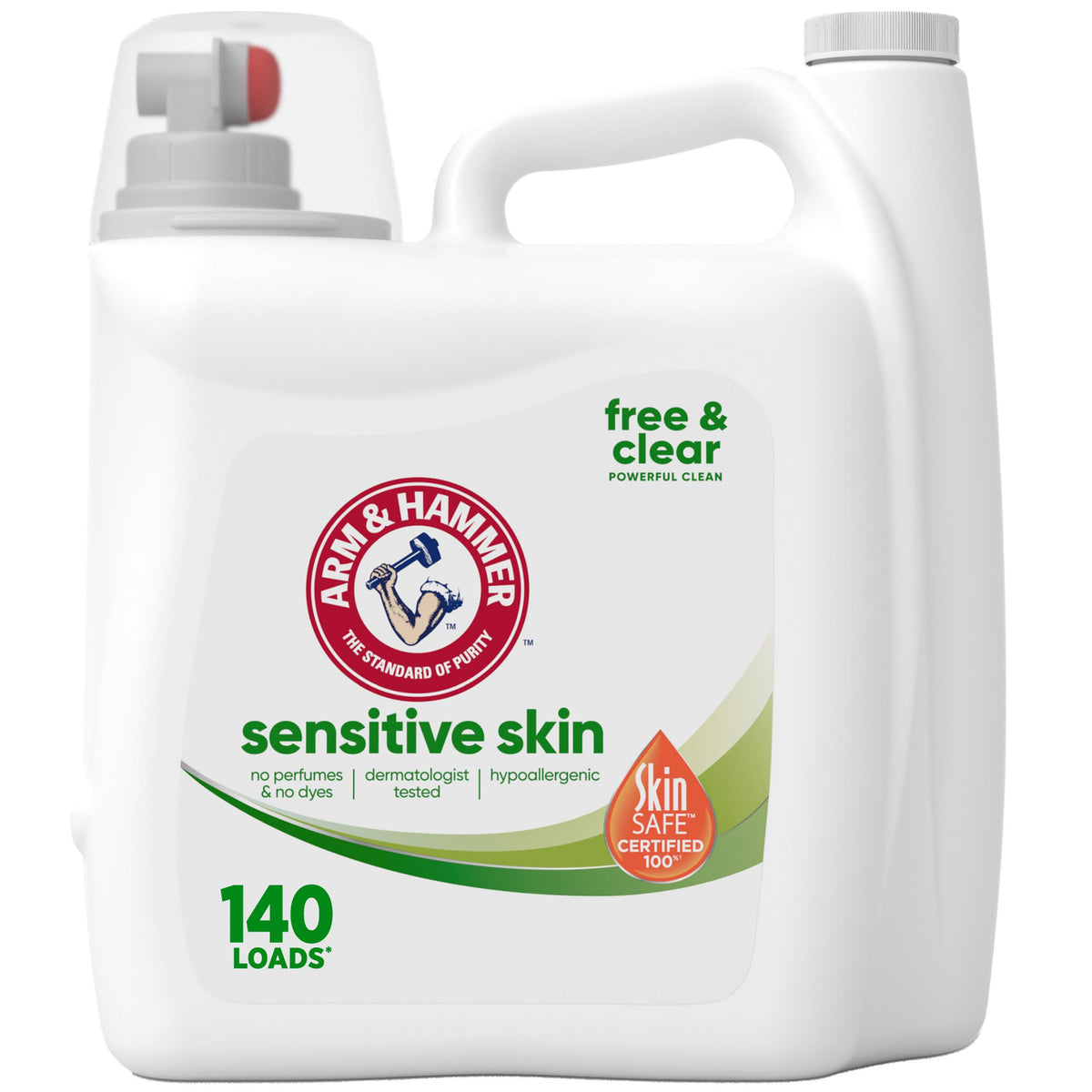 Arm & Hammer Sensitive Skin Free & Clear bottle front; dye-free formula, gentle on skin.
